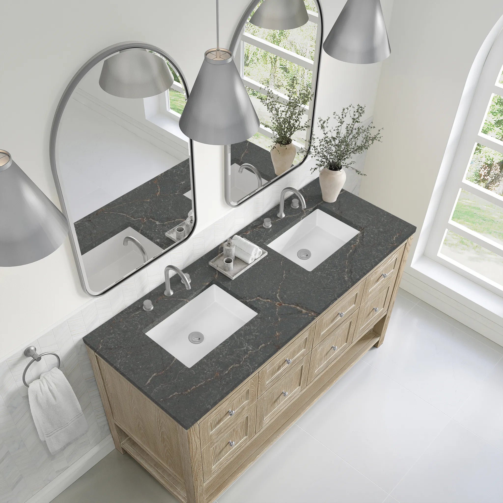 60" Breckenridge Double Vanity in Whitewashed Oak-Parisien Bleu Silestone-8" Widespread image 6