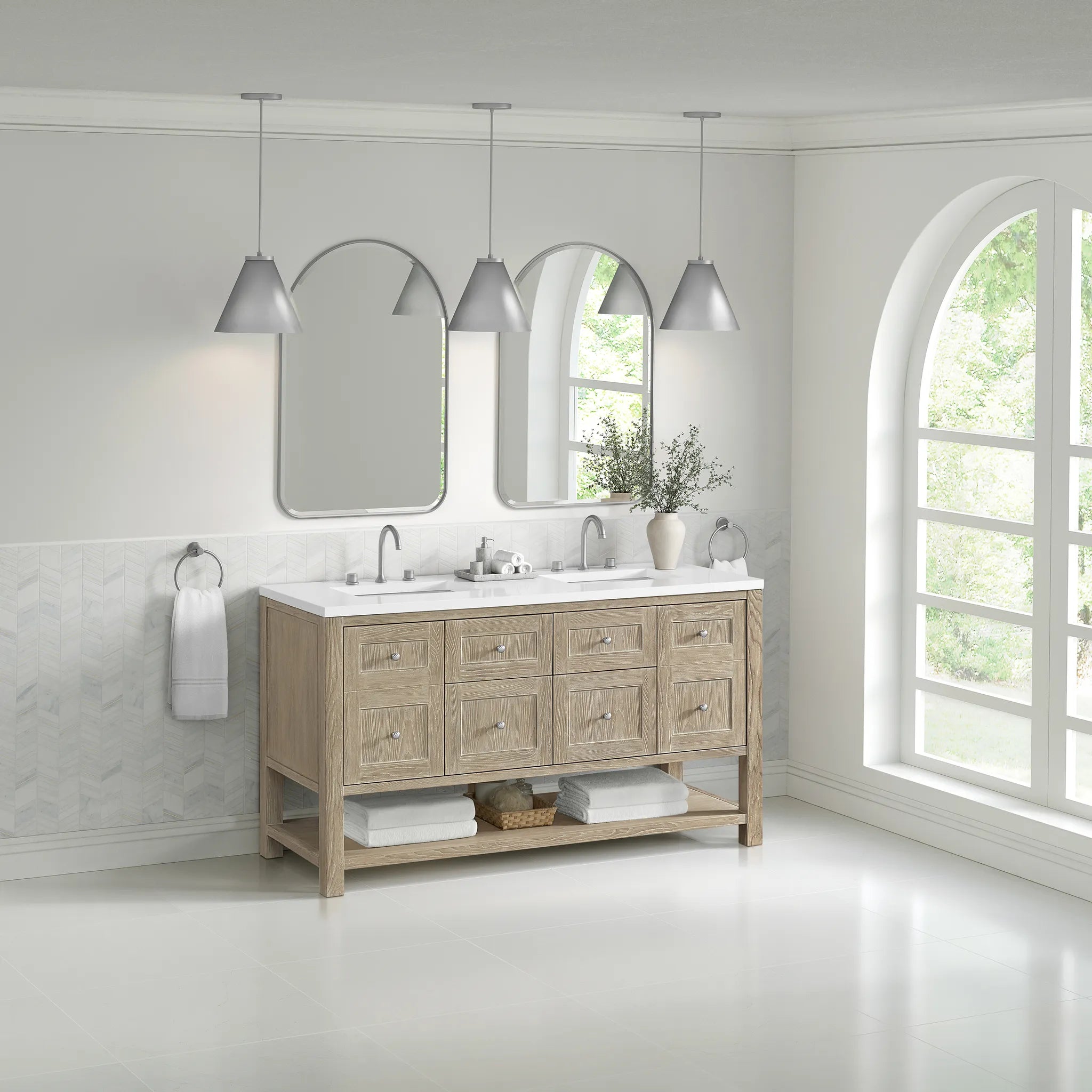 60" Breckenridge Double Vanity in Whitewashed Oak-White Zeus Silestone-8" Widespread image 2
