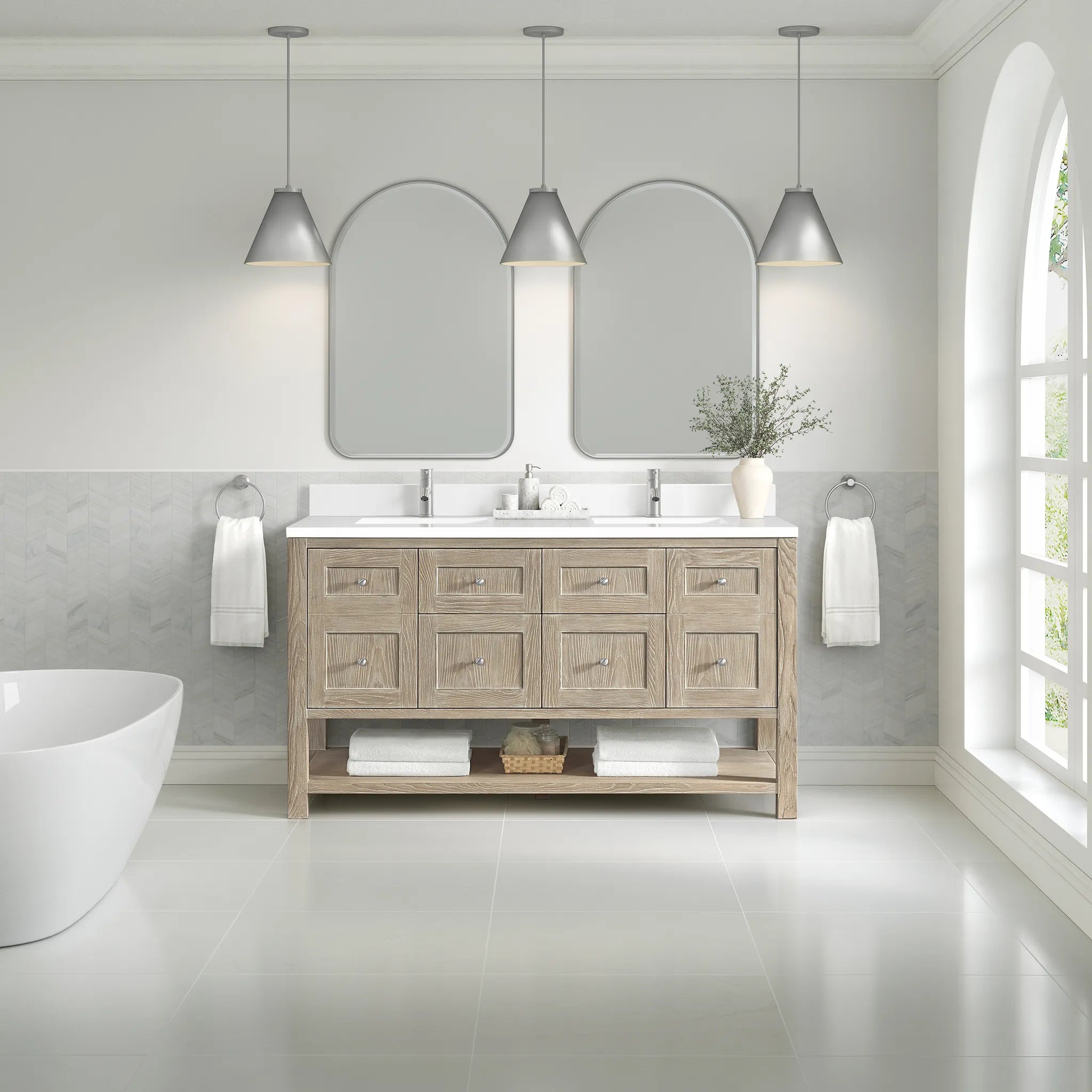 60" Breckenridge Double Vanity in Whitewashed Oak-White Zeus Silestone & Backsplash-Single Hole image 1