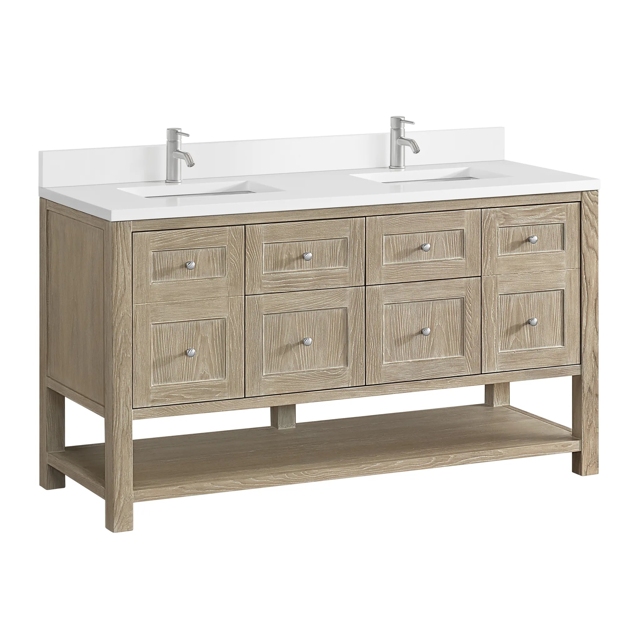 60" Breckenridge Double Vanity in Whitewashed Oak-White Zeus Silestone & Backsplash-Single Hole image 7