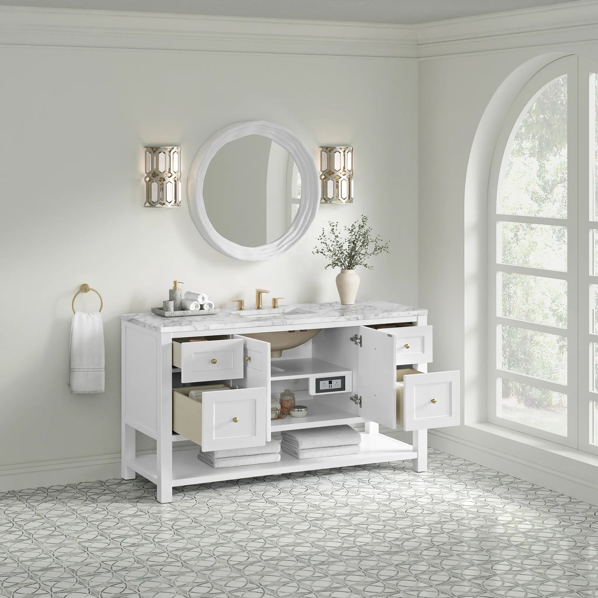 60" Breckenridge Single Vanity in Bright White-Carrara White Marble-8" Widespread image 3