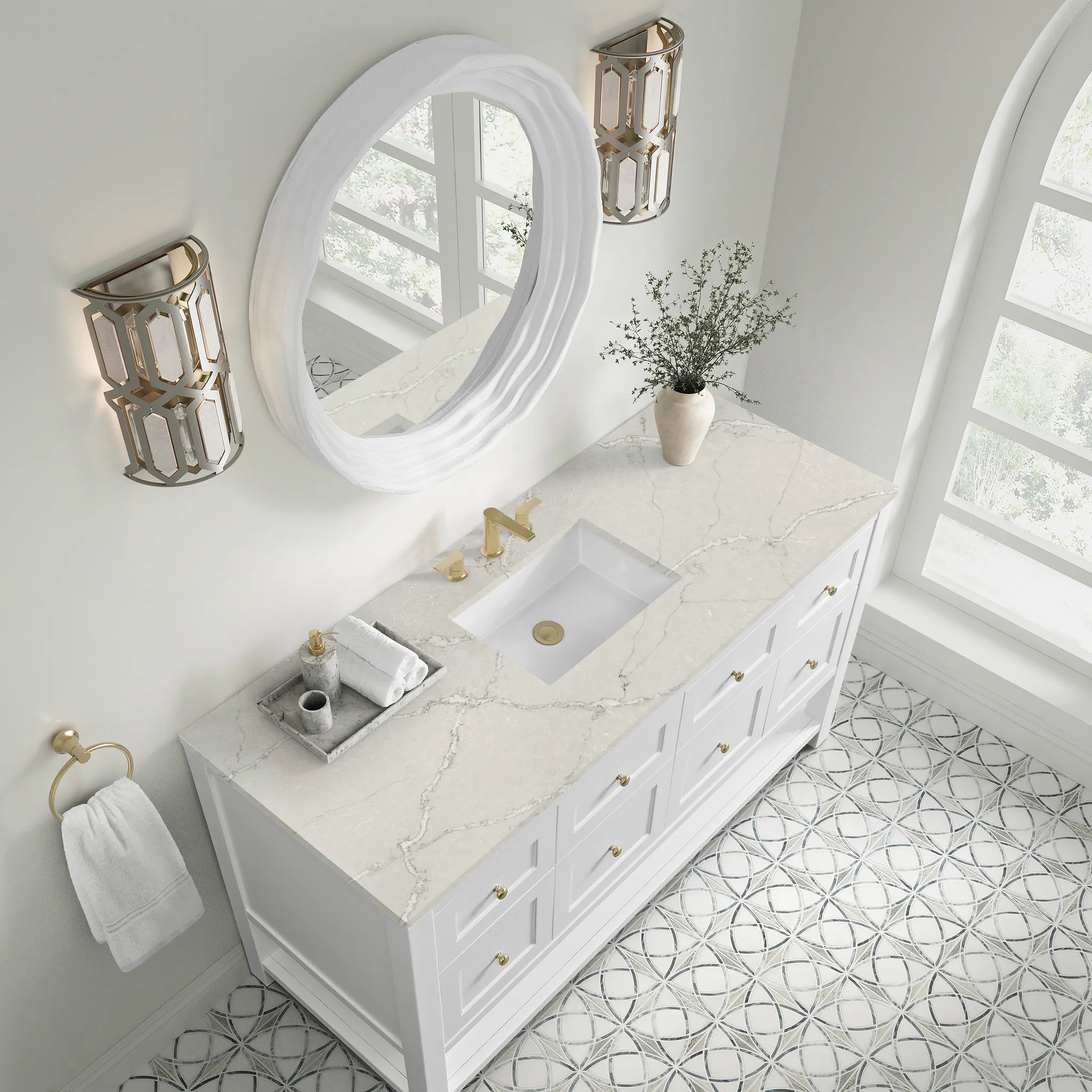 60" Breckenridge Single Vanity in Bright White-Victorian Silver Silestone-8" Widespread image 5
