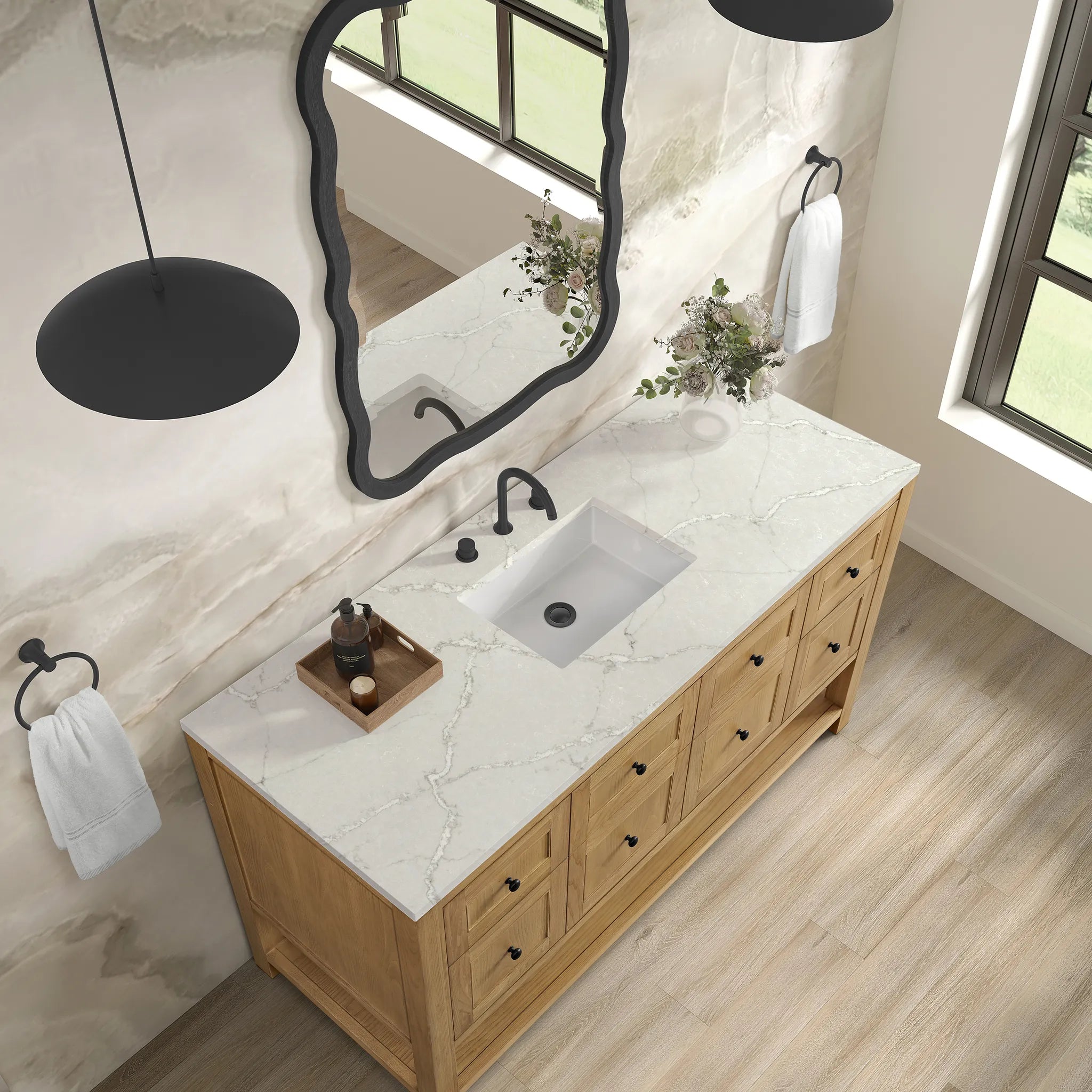 60" Breckenridge Single Vanity in Light Natural Oak-Victorian Silver Silestone-8" Widespread image 5