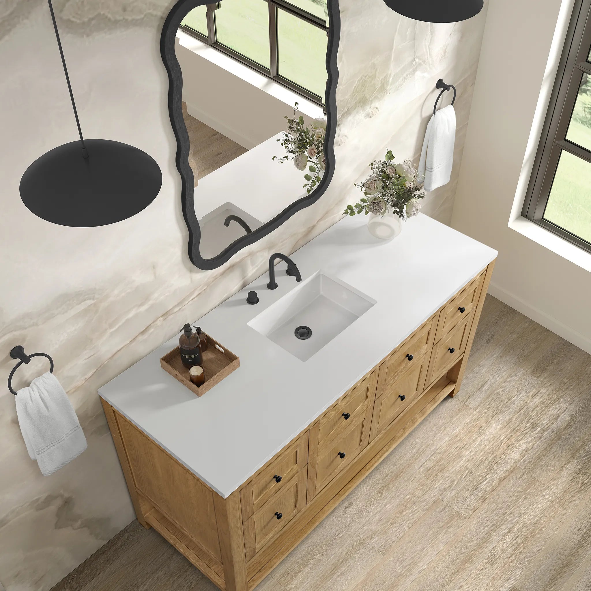 60" Breckenridge Single Vanity in Light Natural Oak-White Zeus Silestone-8" Widespread image 5