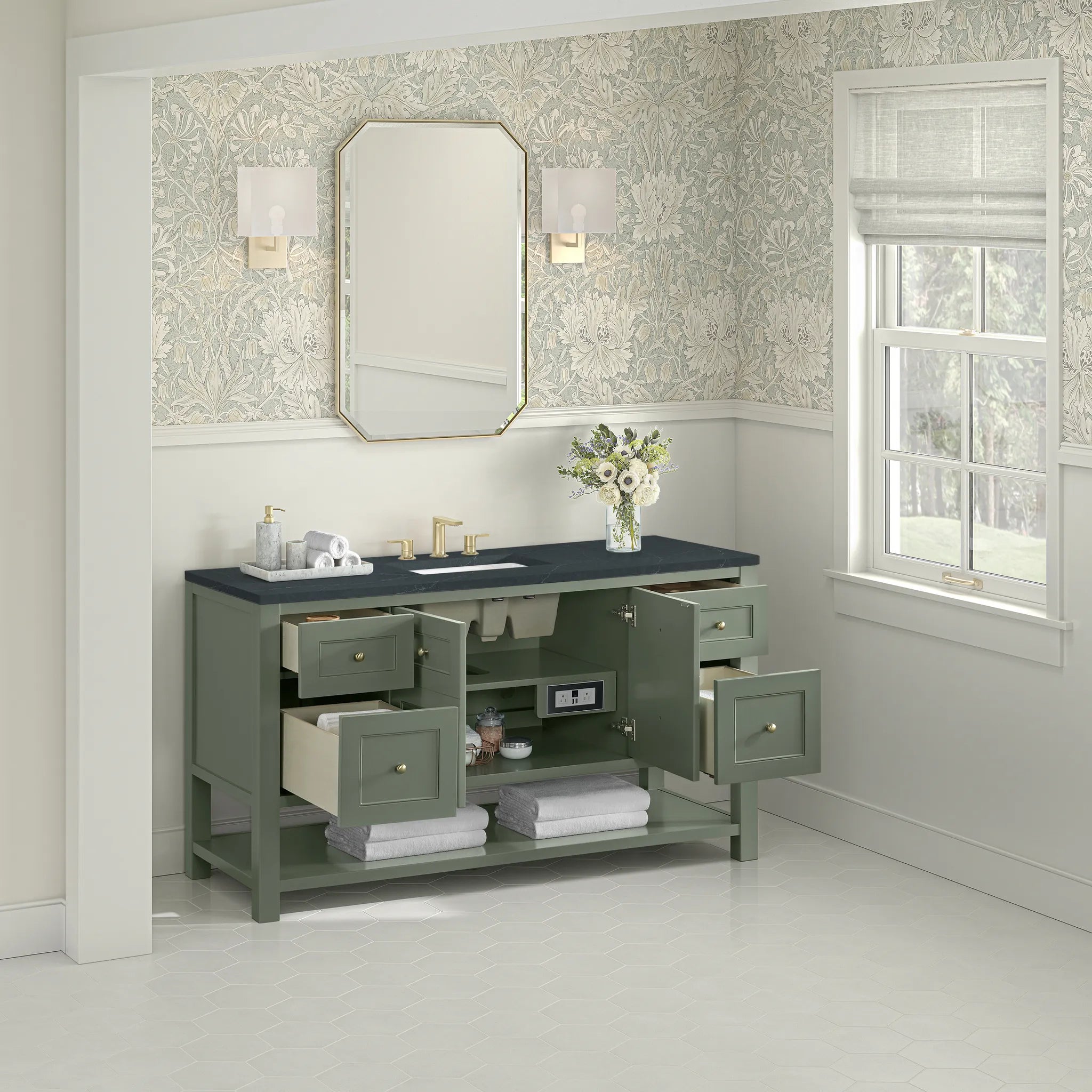 60" Breckenridge Single Vanity in Smokey Celadon-Charcoal Soapstone Silestone-8" Widespread image 3