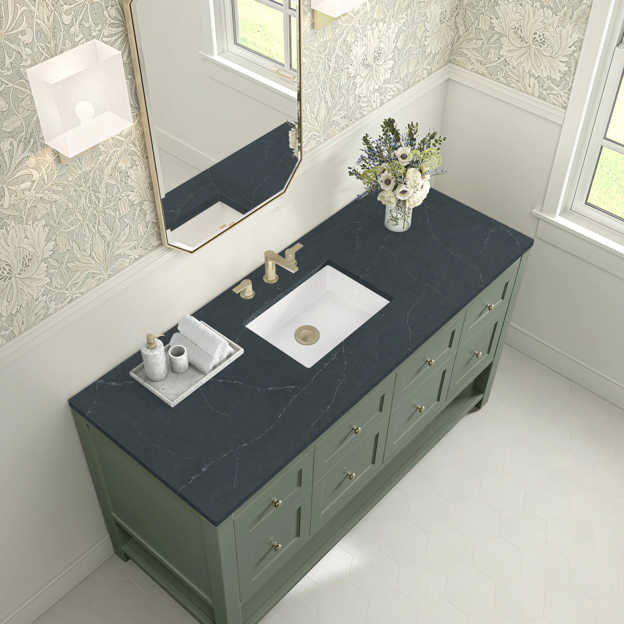 60" Breckenridge Single Vanity in Smokey Celadon-Charcoal Soapstone Silestone-8" Widespread image 5