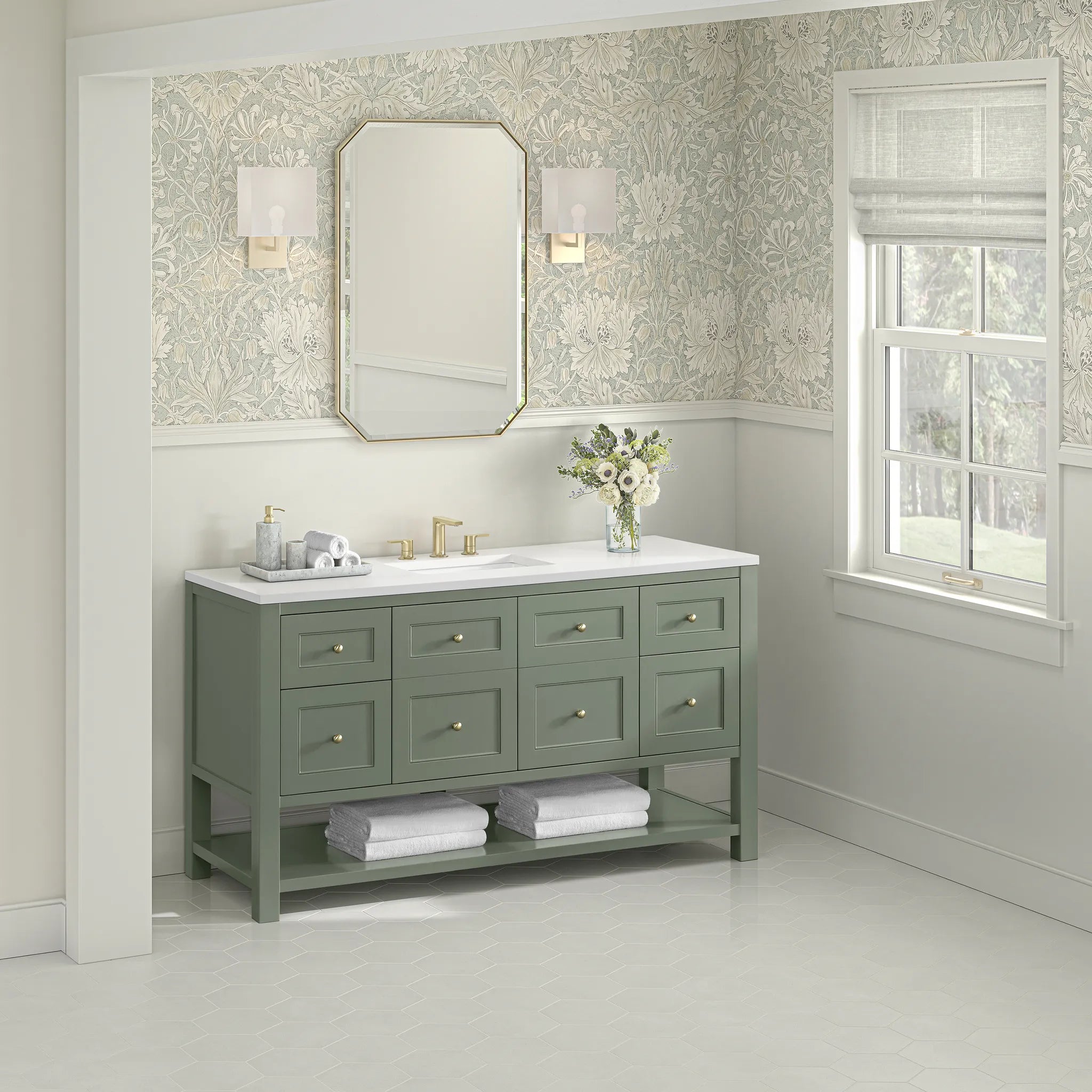 60" Breckenridge Single Vanity in Smokey Celadon-White Zeus Silestone-8" Widespread image 2