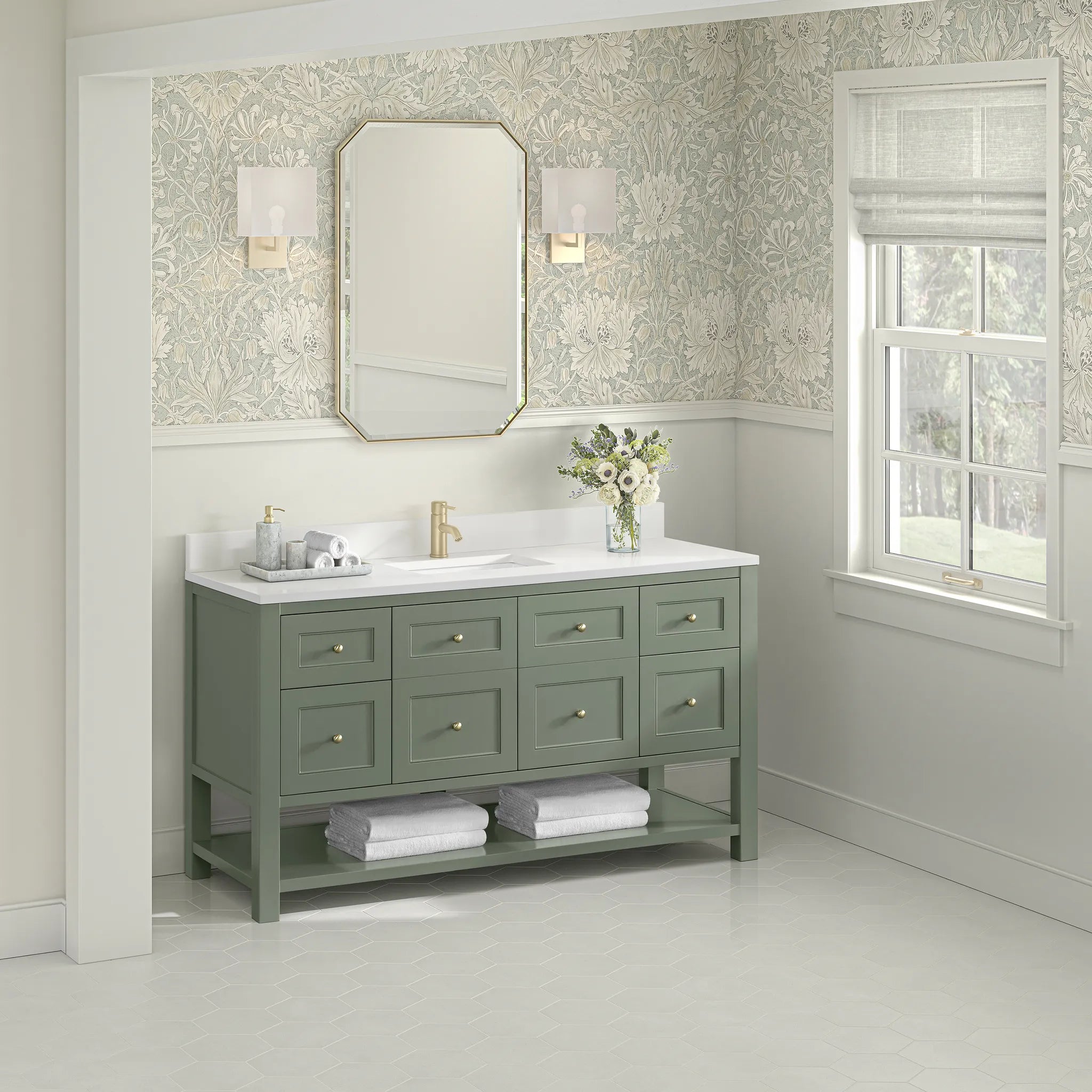 60" Breckenridge Single Vanity in Smokey Celadon-White Zeus Silestone & Backsplash-Single Hole image 2