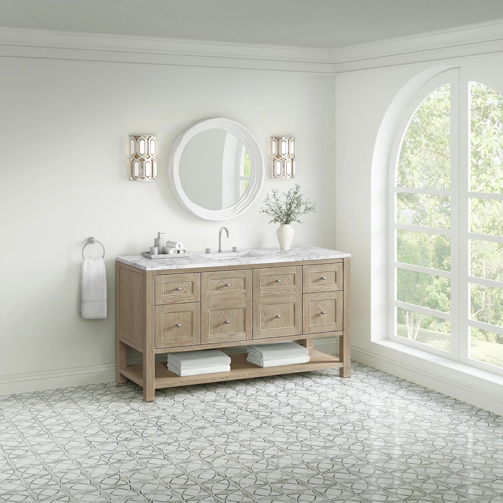 60" Breckenridge Single Vanity in Whitewashed Oak-Carrara White Marble-8" Widespread image 2