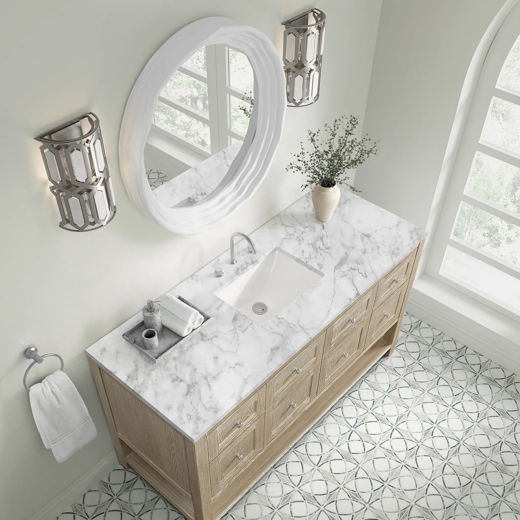 60" Breckenridge Single Vanity in Whitewashed Oak-Carrara White Marble-8" Widespread image 5