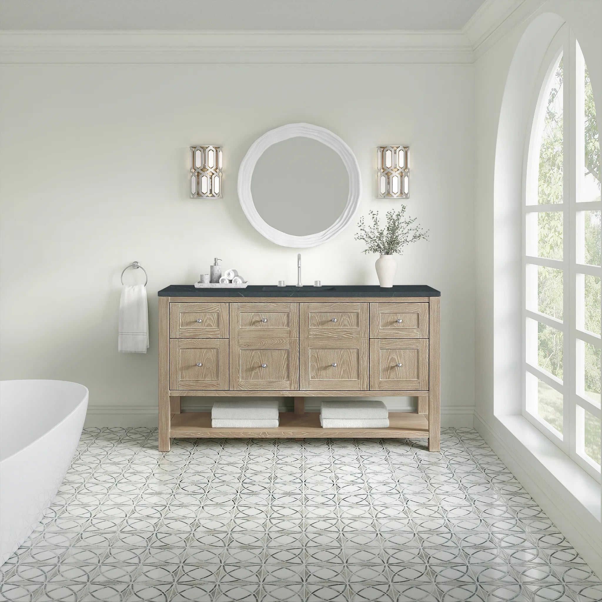 60" Breckenridge Single Vanity in Whitewashed Oak-Charcoal Soapstone Silestone-8" Widespread image 1