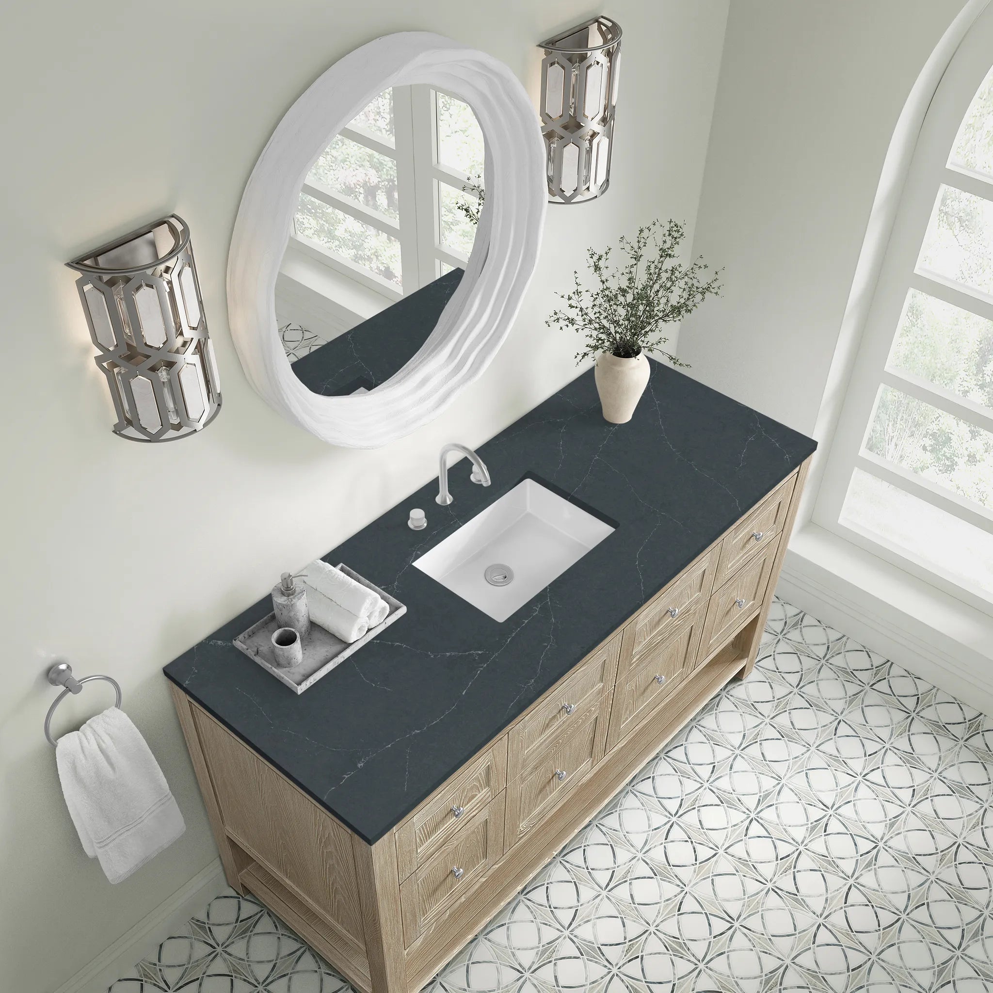 60" Breckenridge Single Vanity in Whitewashed Oak-Charcoal Soapstone Silestone-8" Widespread image 5