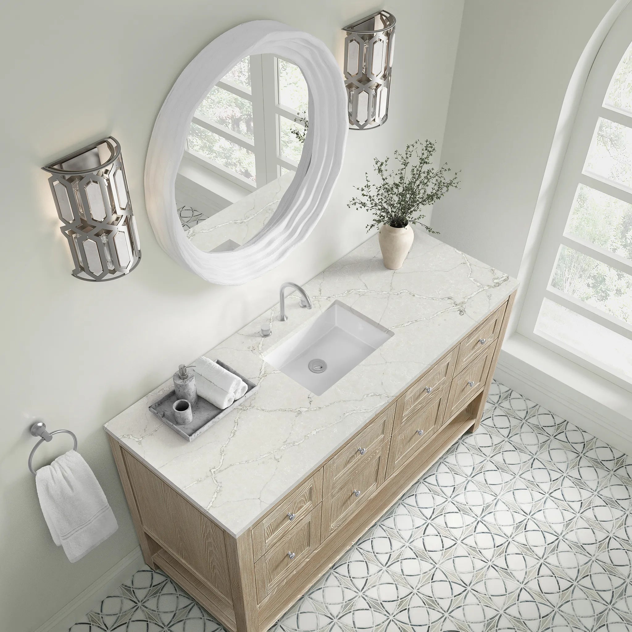 60" Breckenridge Single Vanity in Whitewashed Oak-Victorian Silver Silestone-8" Widespread image 5