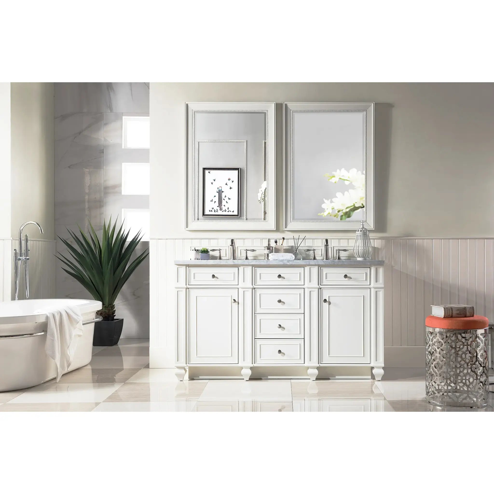 60" Bristol Double Vanity in Bright White-Carrara White Marble-8" Widespread image 1