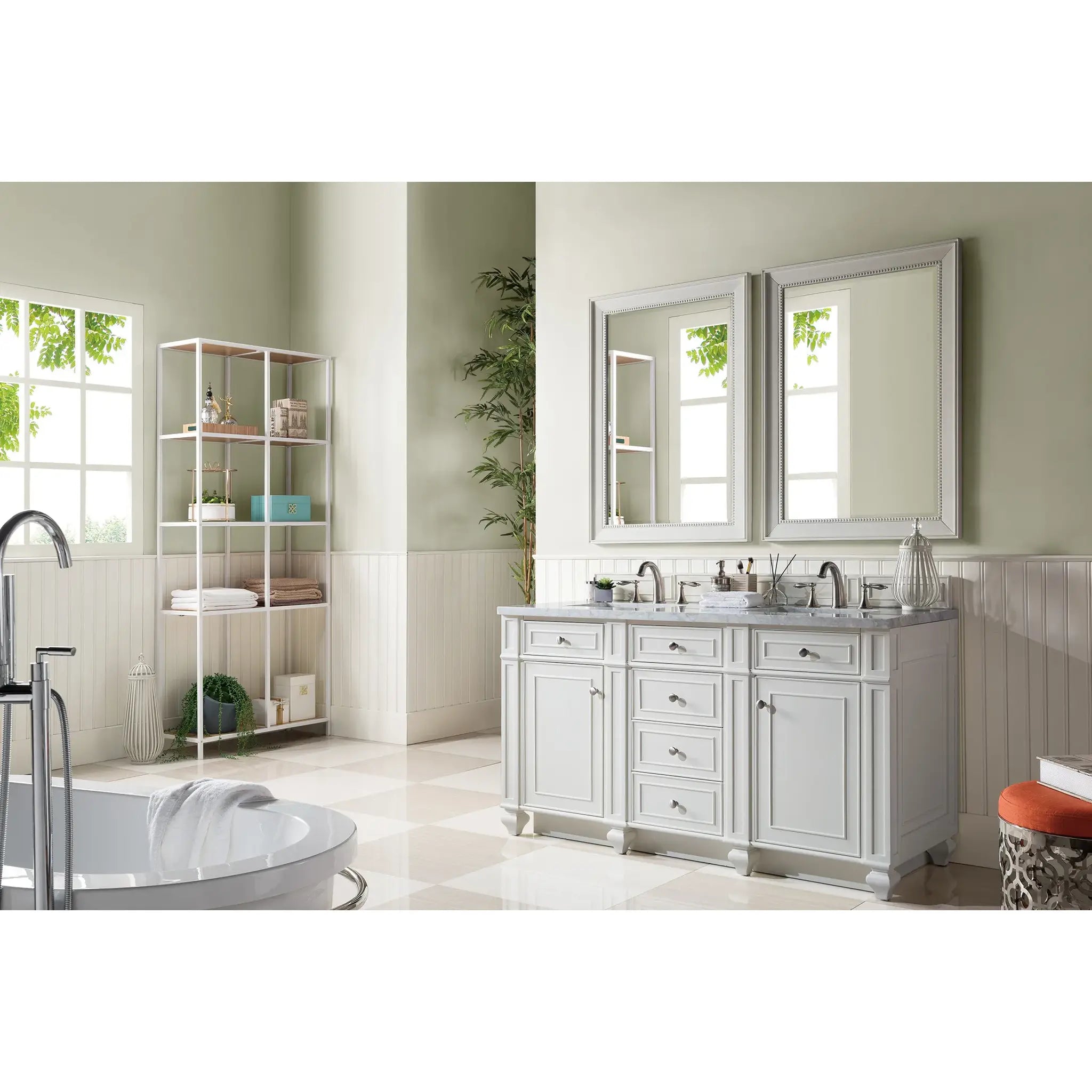 60" Bristol Double Vanity in Bright White-Carrara White Marble-8" Widespread image 3