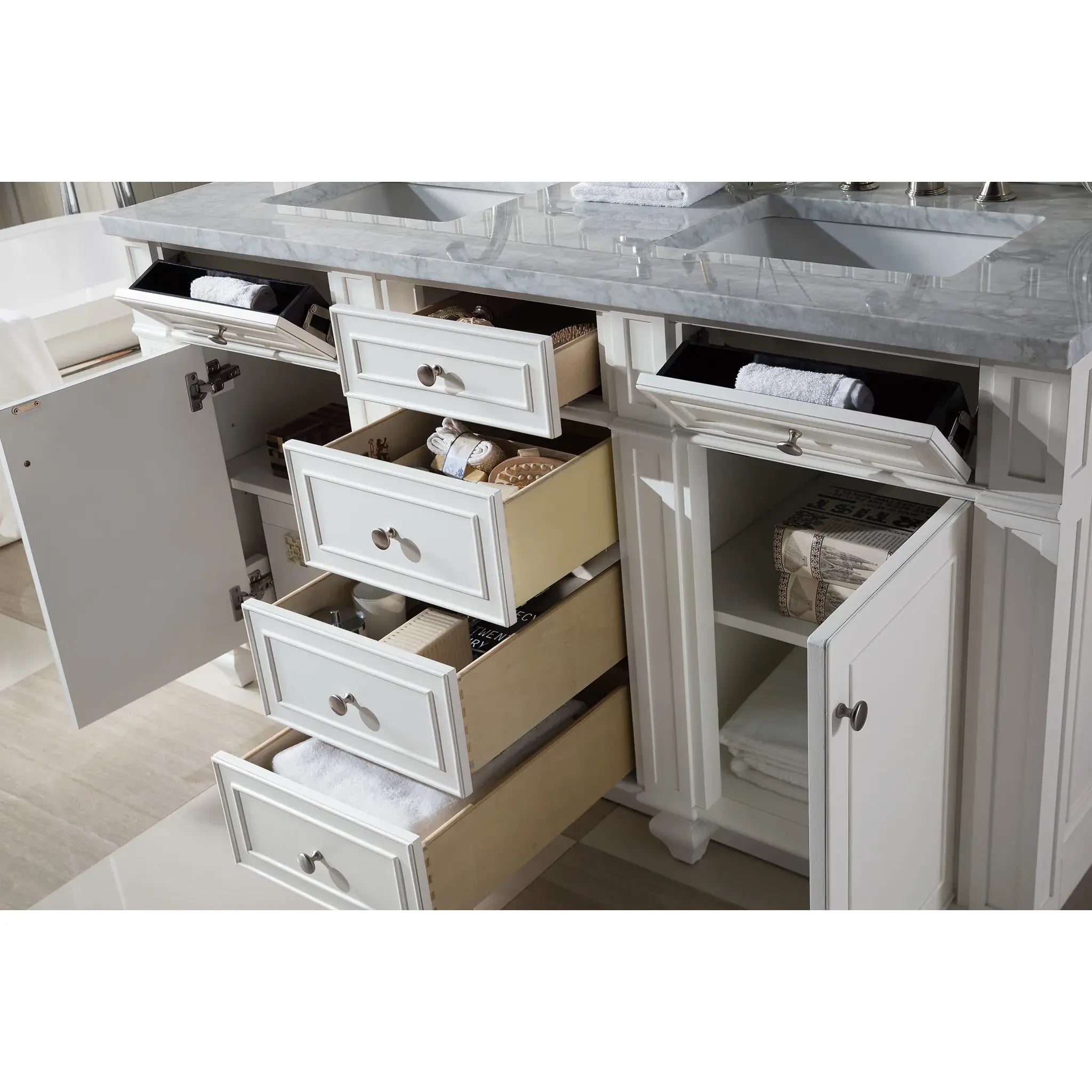 60" Bristol Double Vanity in Bright White-Carrara White Marble-8" Widespread image 4