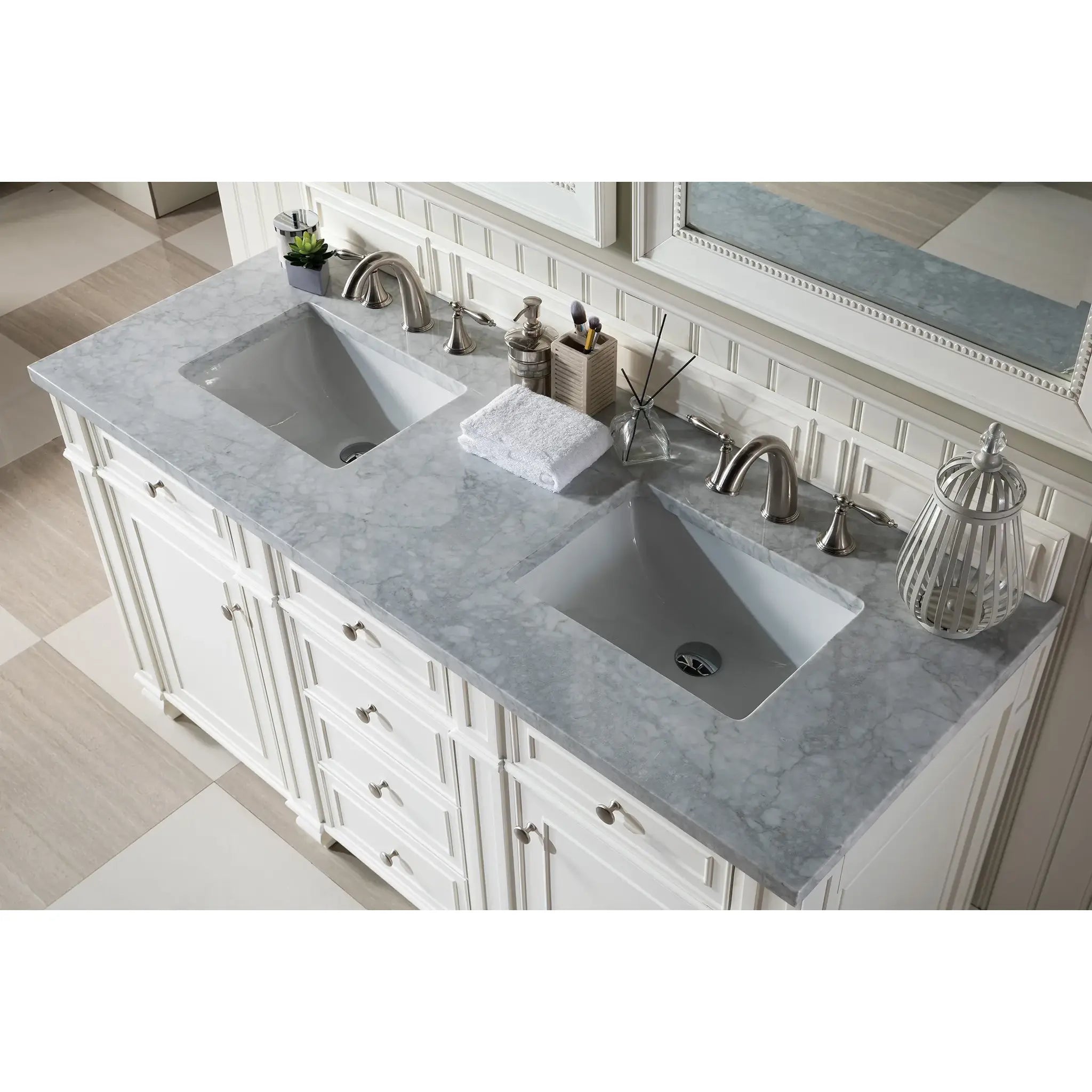 60" Bristol Double Vanity in Bright White-Carrara White Marble-8" Widespread image 5