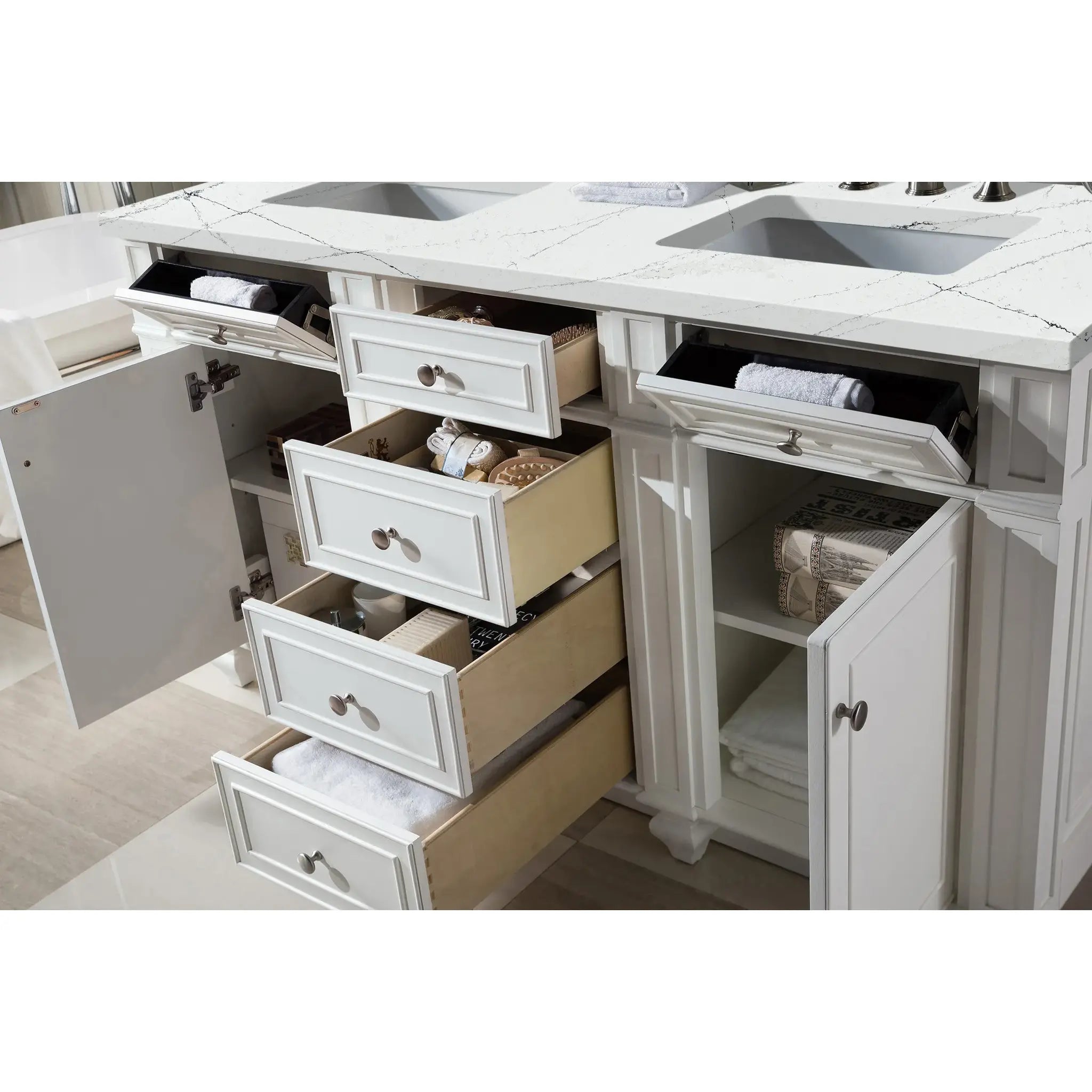60" Bristol Double Vanity in Bright White w/FreePower Wireless Charger-Ethereal Noctis Silestone-8" Widespread image 6