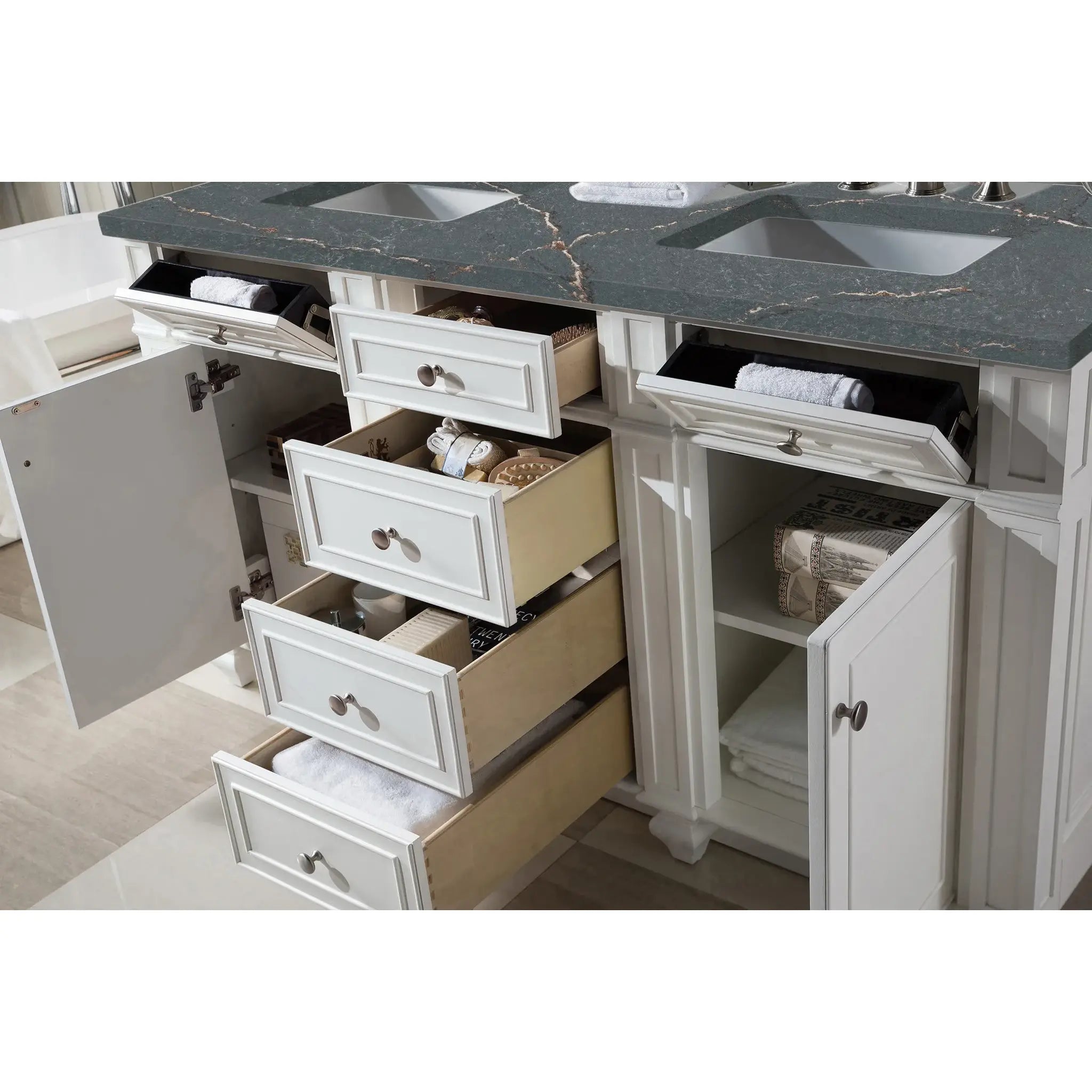 60" Bristol Double Vanity in Bright White w/FreePower Wireless Charger-Parisien Bleu Silestone-8" Widespread image 6