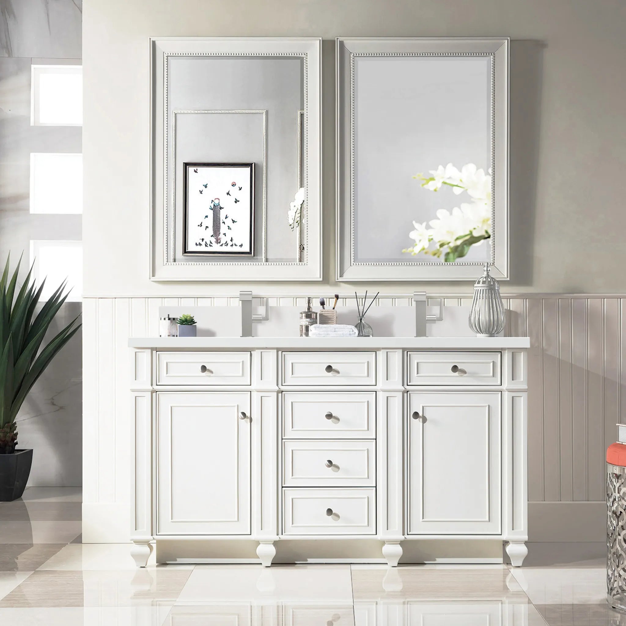 60" Bristol Double Vanity in Bright White-White Zeus Silestone & Backsplash-Single Hole image 1