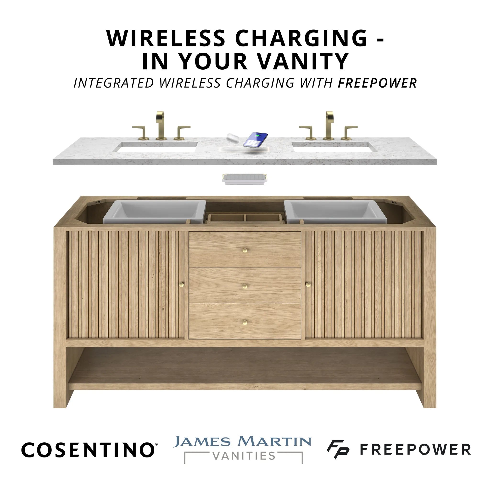 60" Bristol Double Vanity in Bright White Wireless Charger-Eternal Jasmine Pearl Silestone-8" Widespread image 8