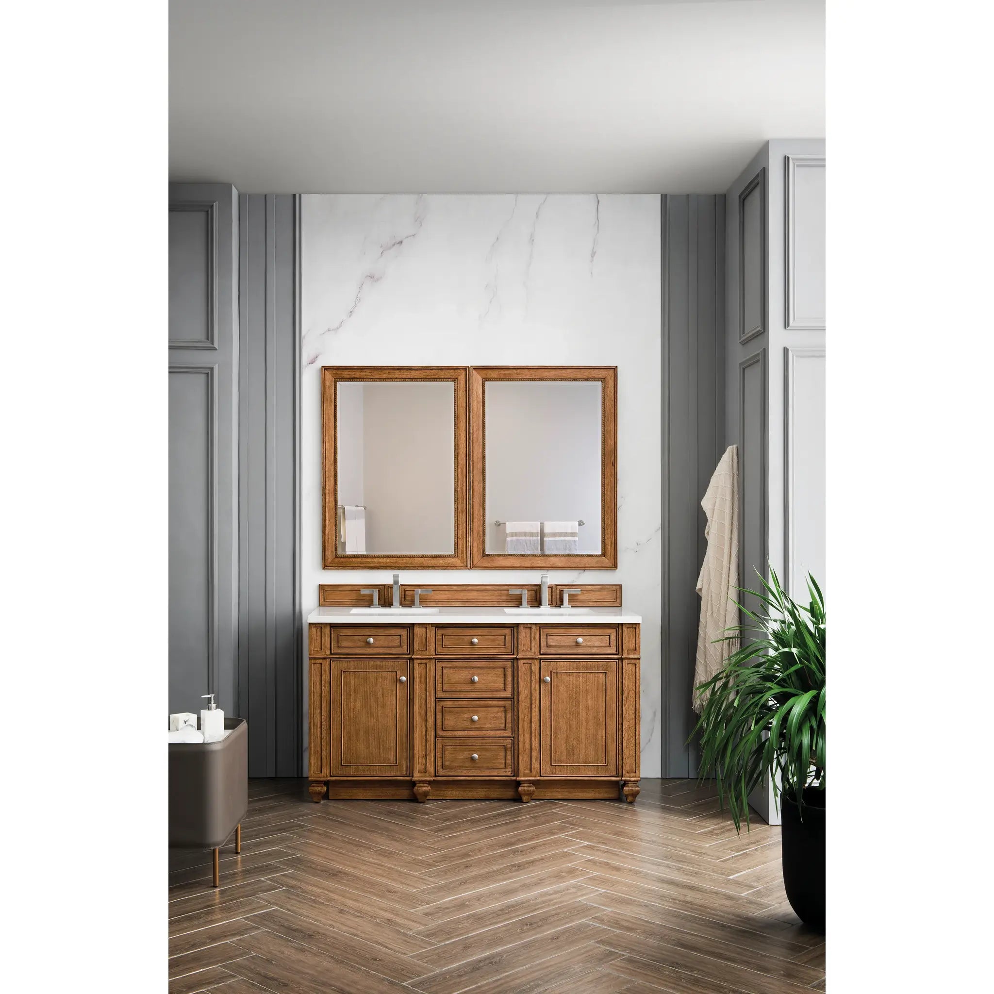 60" Bristol Double Vanity in Saddle Brown-White Zeus Silestone-8" Widespread image 1