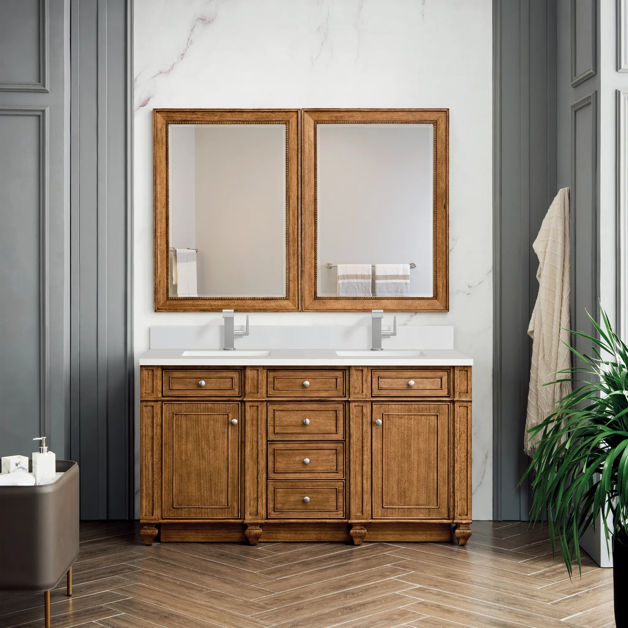 60" Bristol Double Vanity in Saddle Brown-White Zeus Silestone & Backsplash-Single Hole image 1