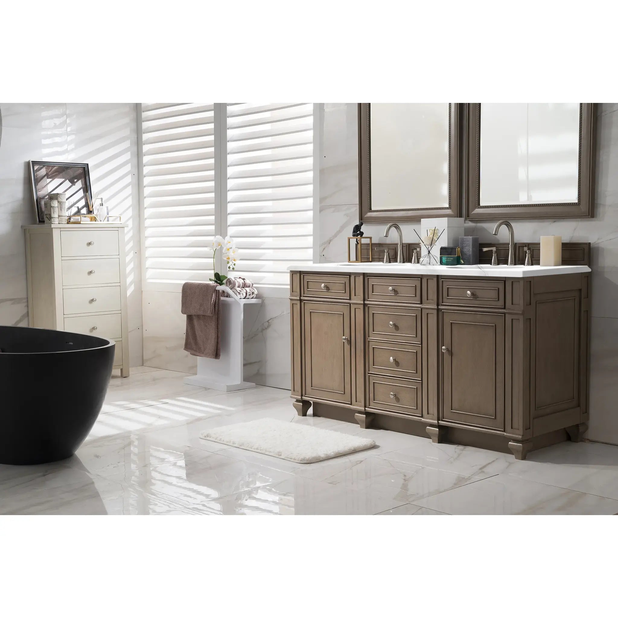 60" Bristol Double Vanity in Whitewashed Walnut-Carrara White Marble-8" Widespread image 2
