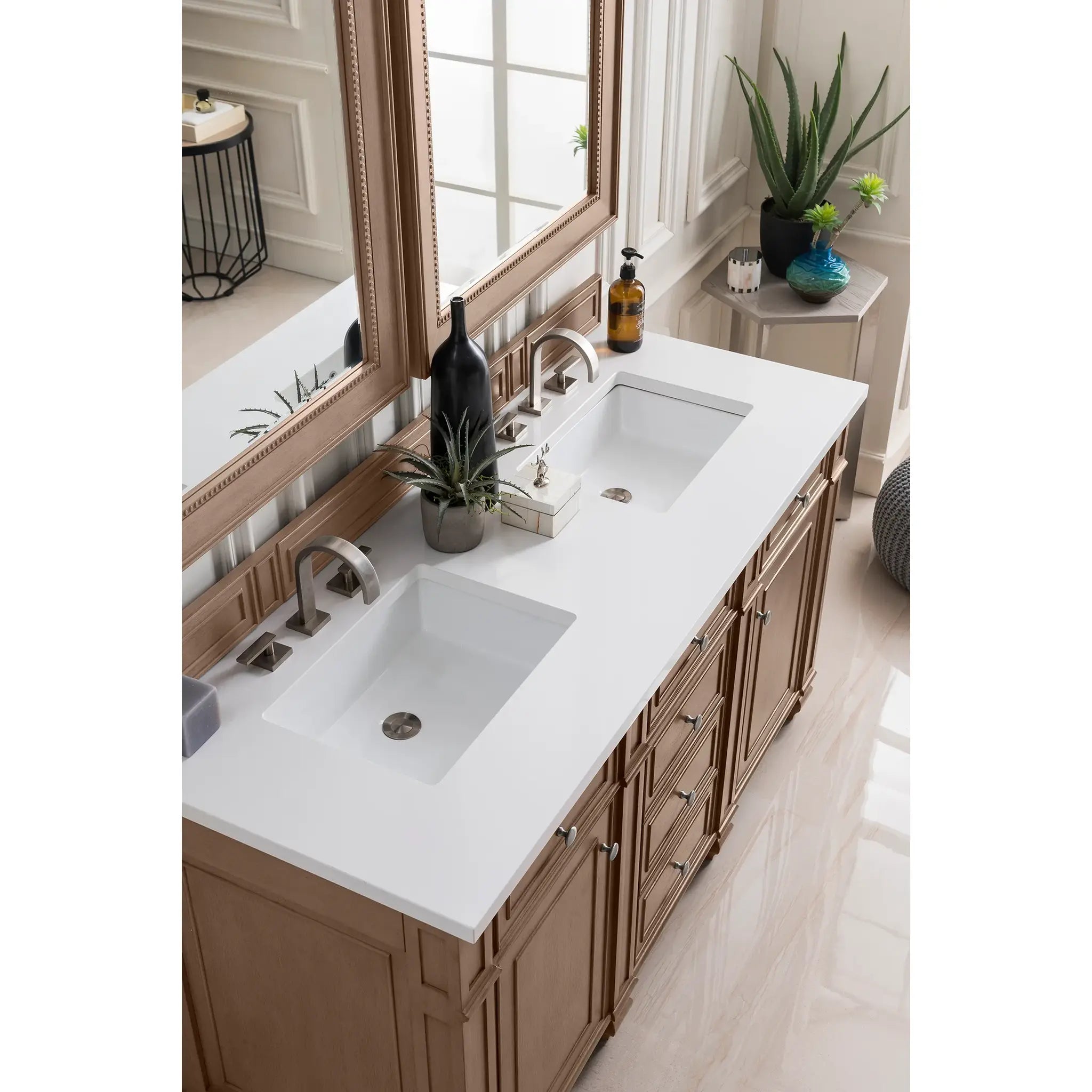 60" Bristol Double Vanity in Whitewashed Walnut-White Zeus Silestone-8" Widespread image 2
