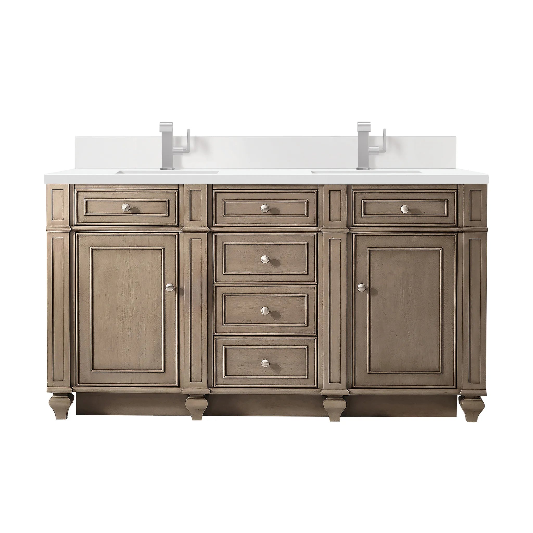 60" Bristol Double Vanity in Whitewashed Walnut-White Zeus Silestone & Backsplash-Single Hole image