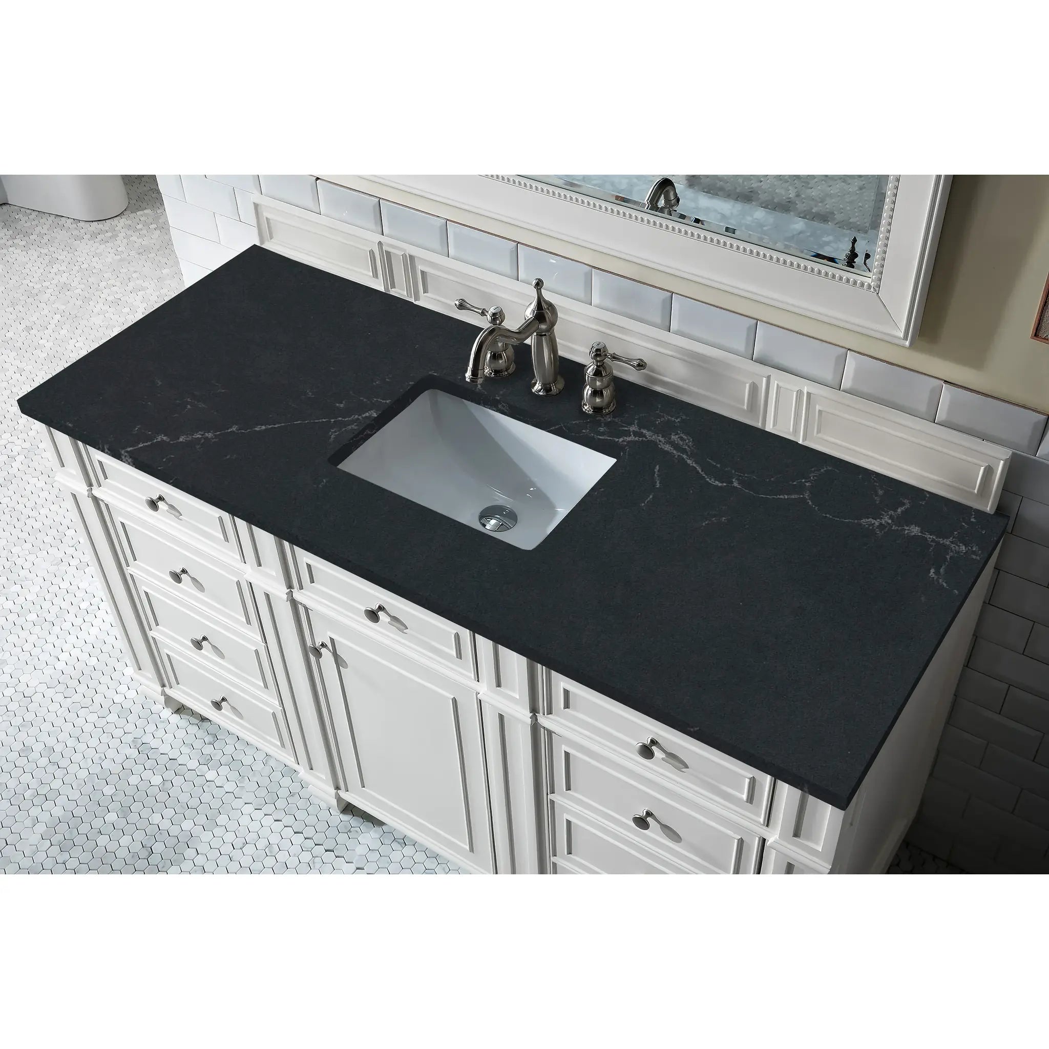 60" Bristol Single Vanity in Bright White-Charcoal Soapstone Silestone-8" Widespread image 2