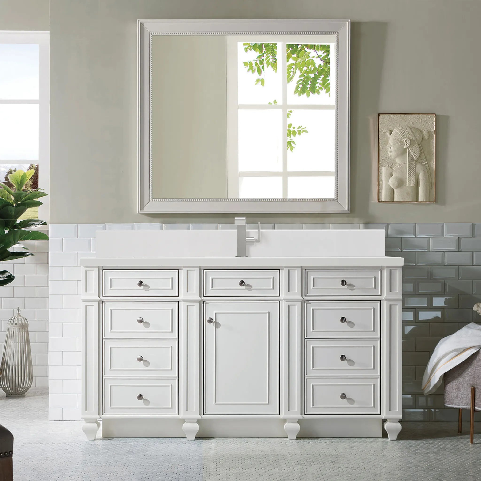 60" Bristol Single Vanity in Bright White-White Zeus Silestone & Backsplash-Single Hole image 1