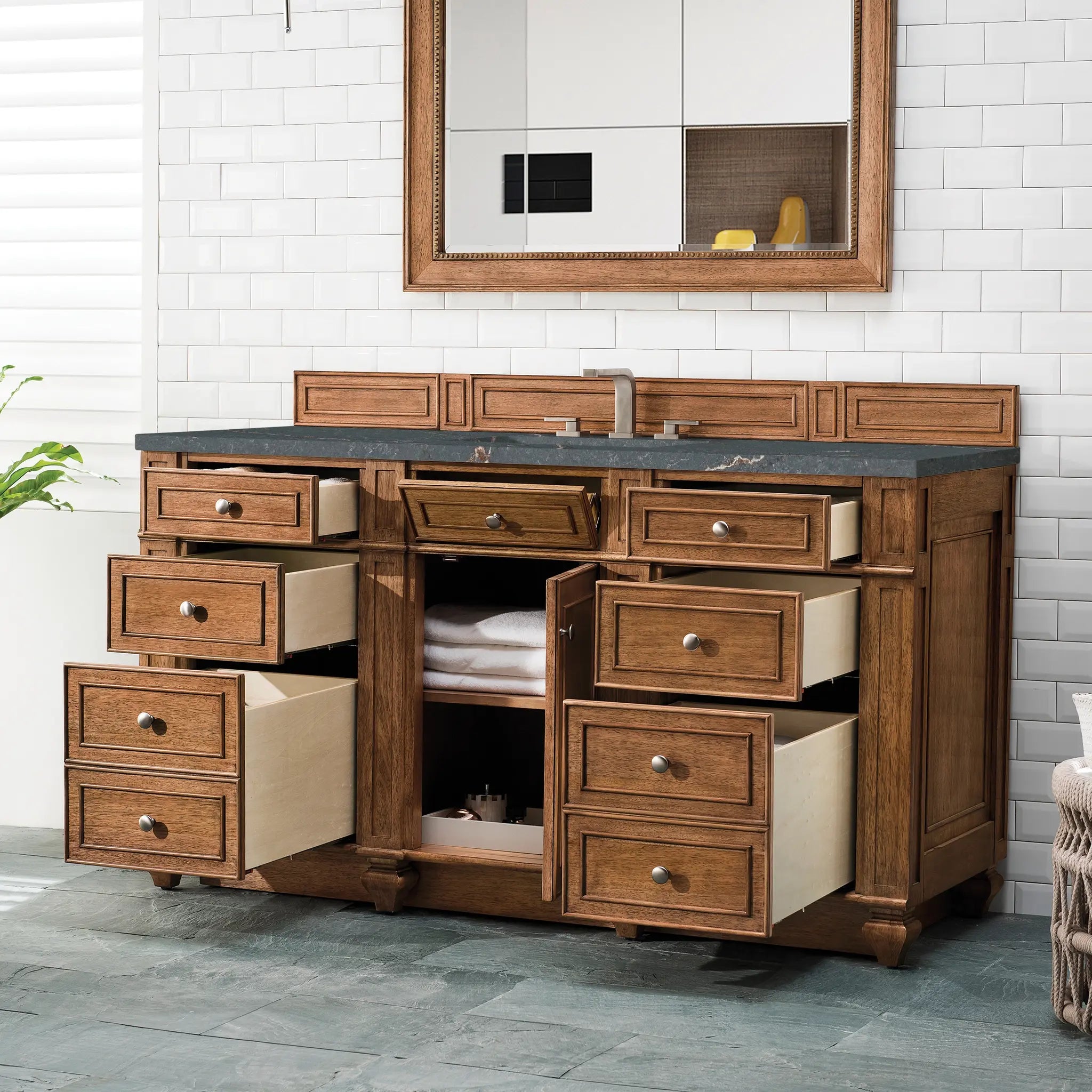 60 Bristol Single Vanity In Saddle Brown Power Enabled Parisien Bleu Silestone 8 Widespread 7
