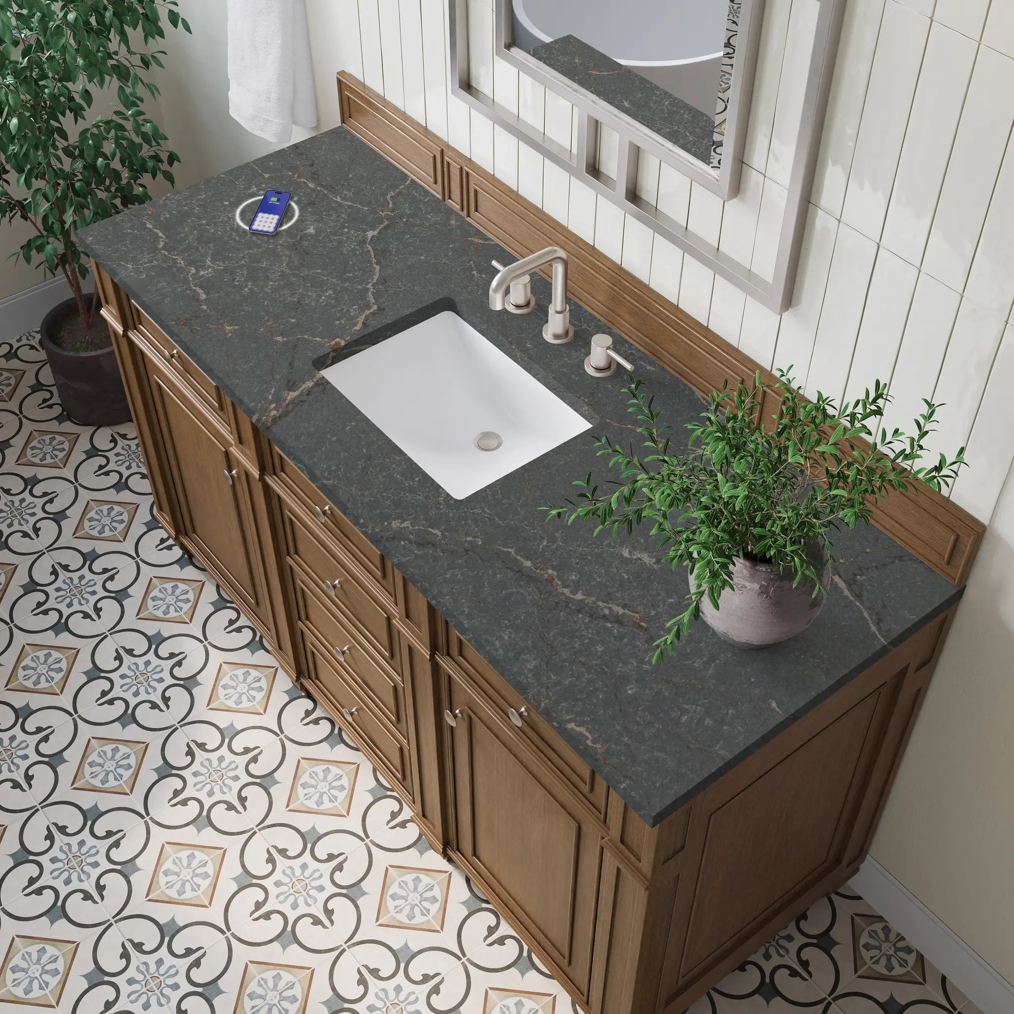 60 Bristol Single Vanity In Saddle Brown Power Enabled Parisien Bleu Silestone 8 Widespread 8