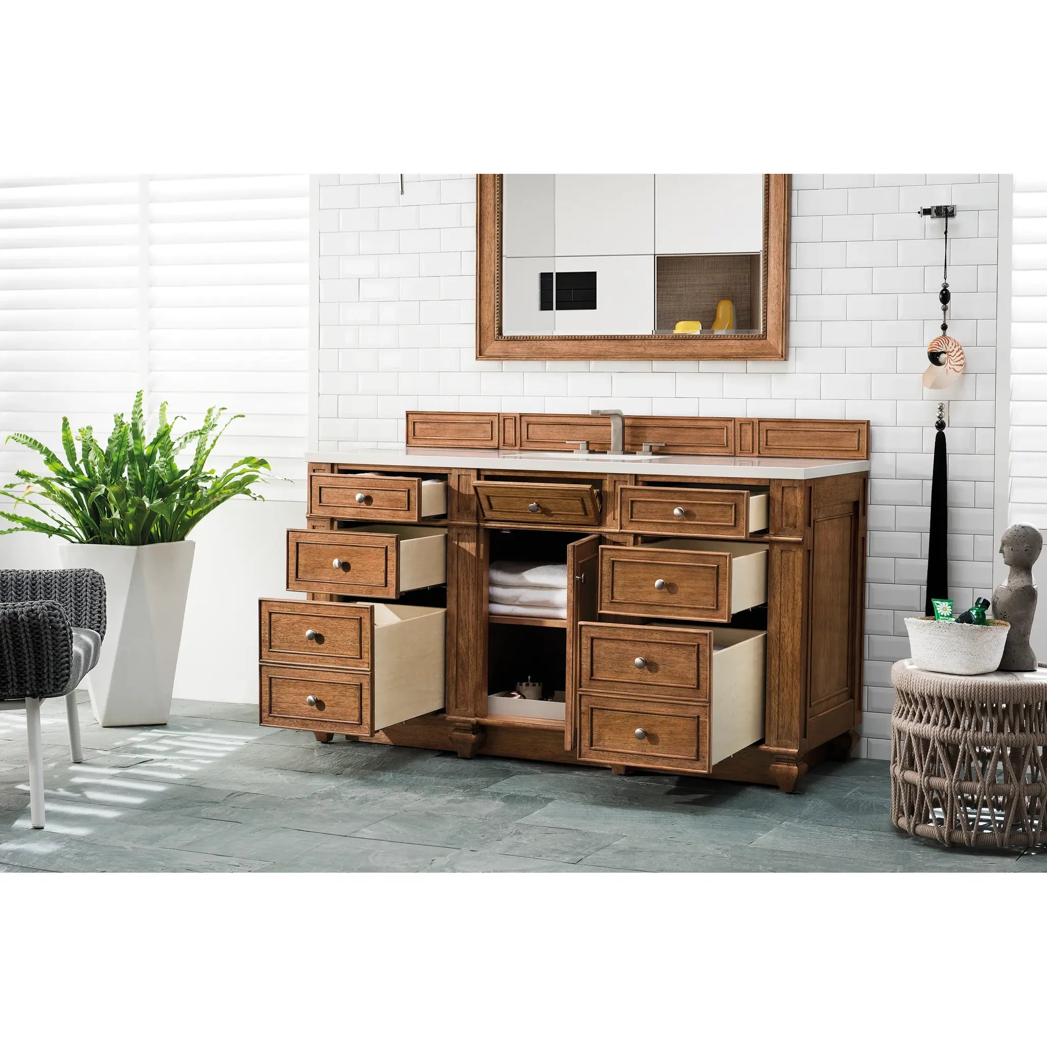 60" Bristol Single Vanity in Saddle Brown-White Zeus Silestone-8" Widespread image 3