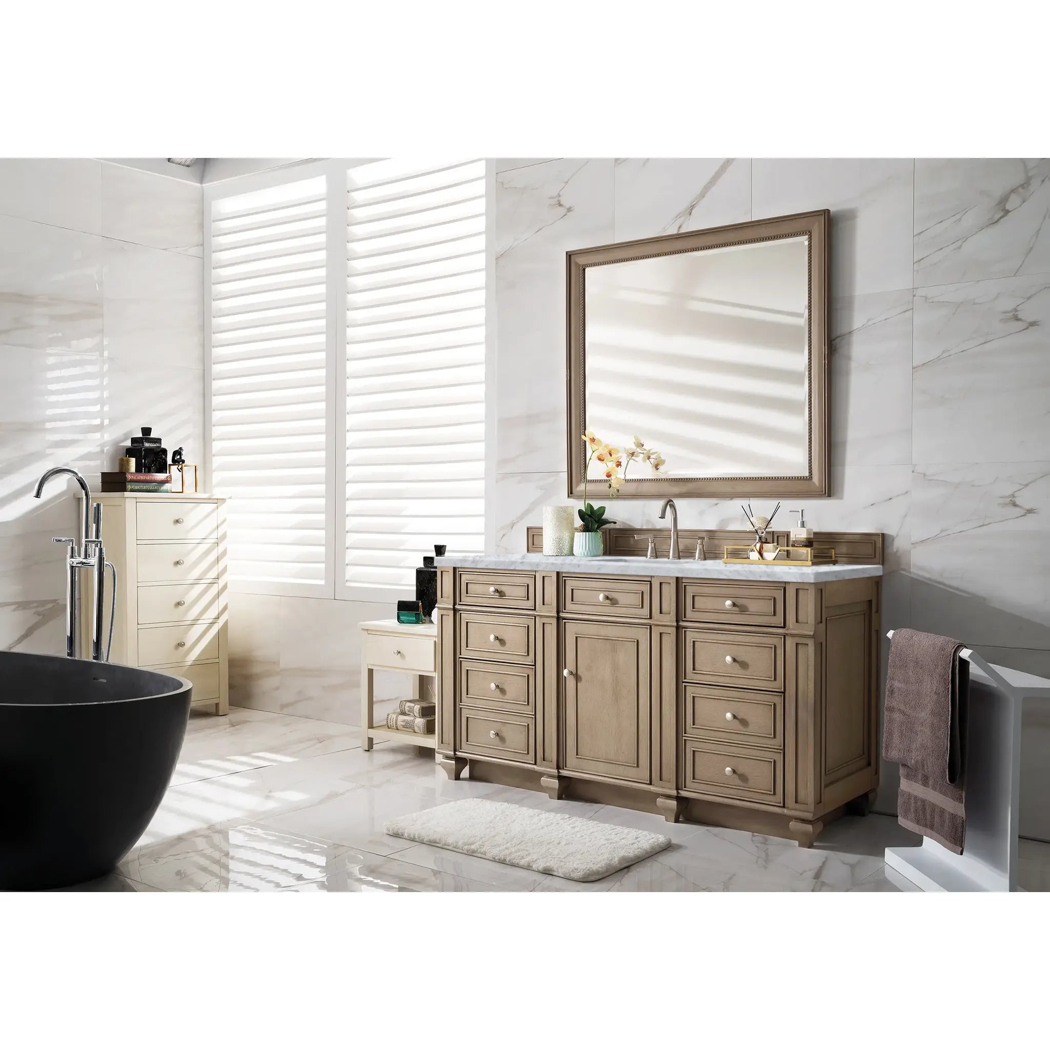 60" Bristol Single Vanity Whitewashed Walnut-Carrara White Marble-8" Widespread image 2