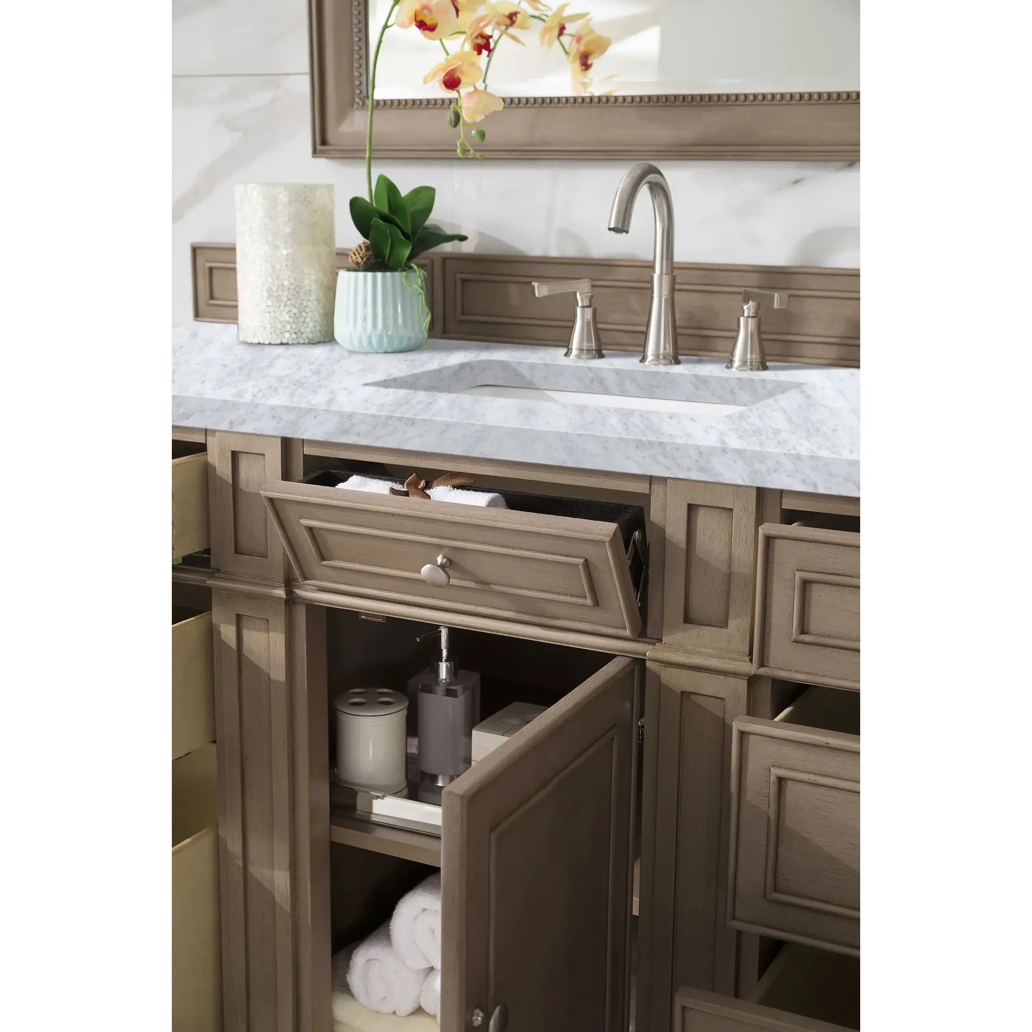60" Bristol Single Vanity Whitewashed Walnut-Carrara White Marble-8" Widespread image 3