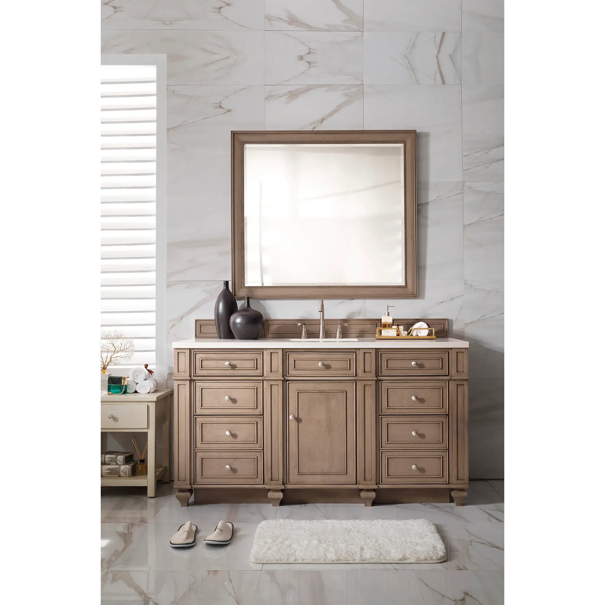 60" Bristol Single Vanity Whitewashed Walnut-White Zeus Silestone-8" Widespread image 1