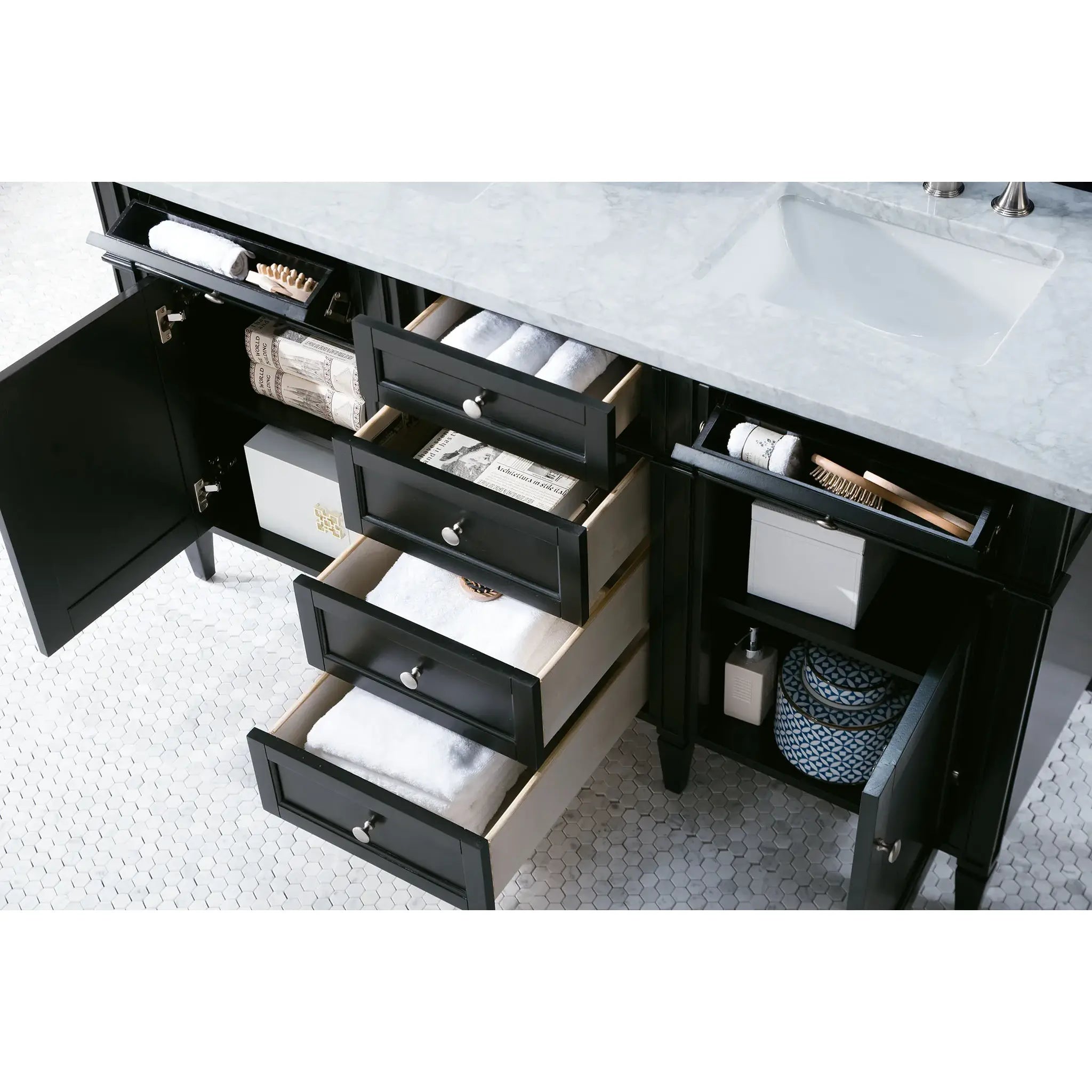 60" Brittany Double Vanity in Black Onyx-Carrara White Marble-8" Widespread image 3