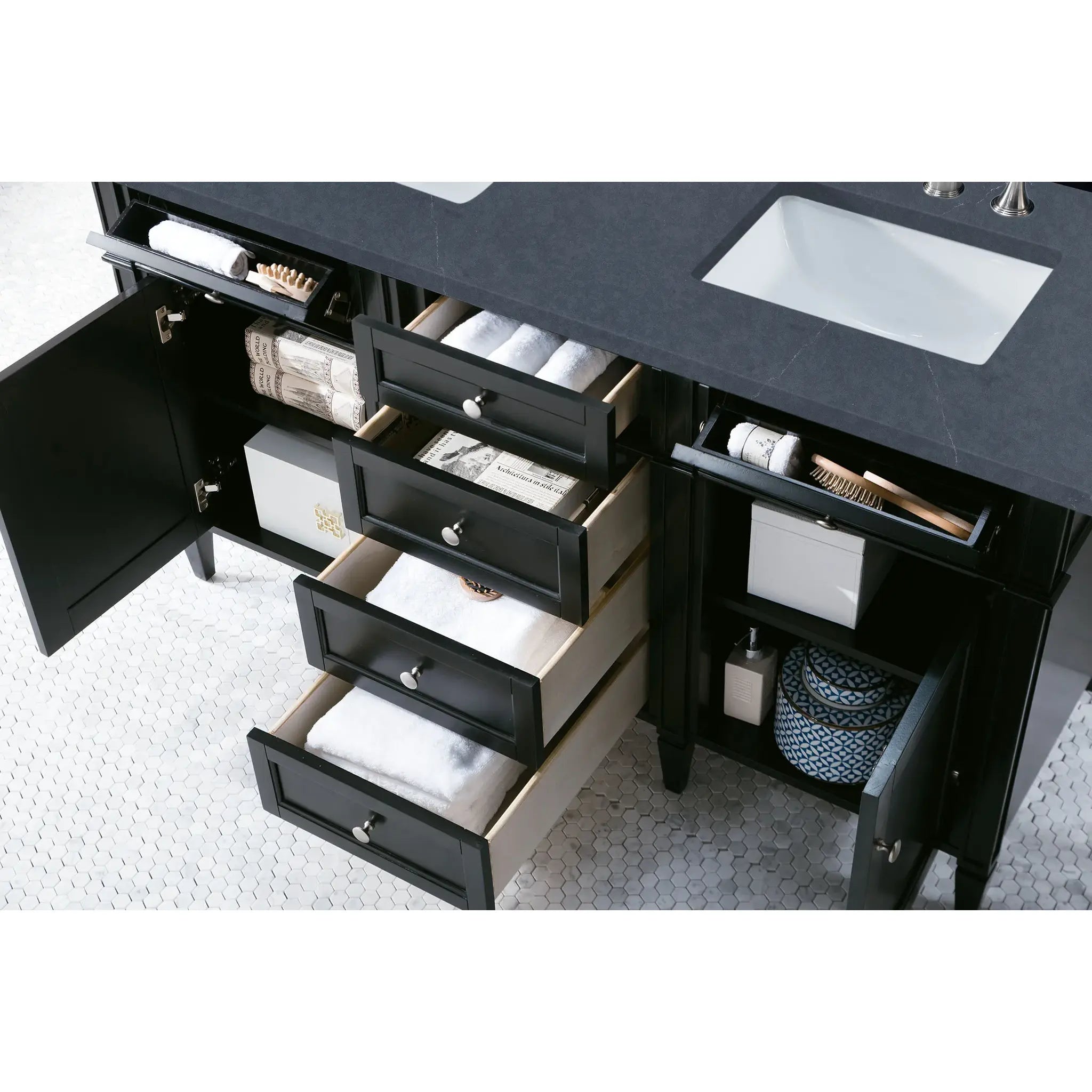 60" Brittany Double Vanity in Black Onyx-Charcoal Soapstone Silestone-8" Widespread image 3