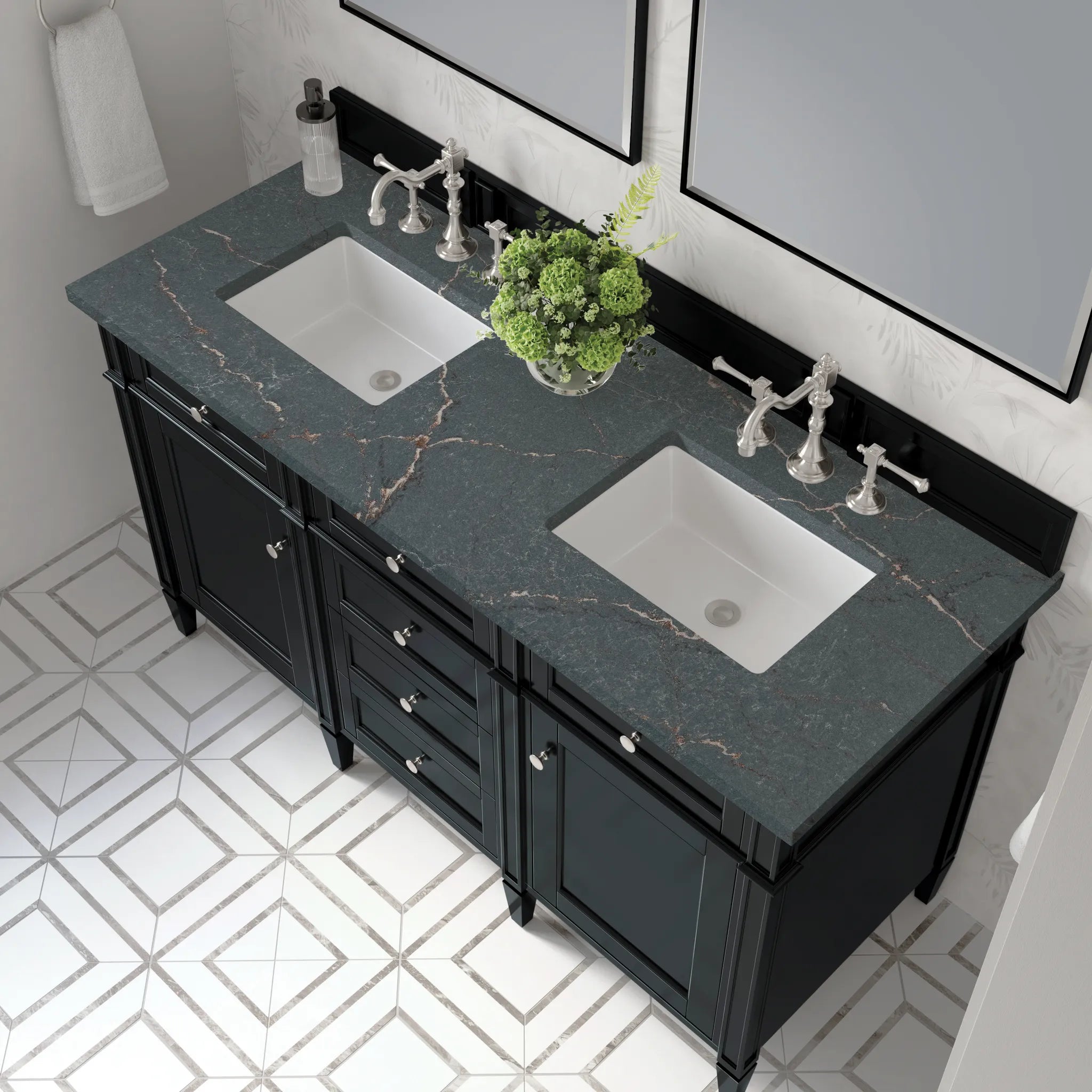 60" Brittany Double Vanity in Black Onyx-Parisien Bleu Silestone-8" Widespread image 4