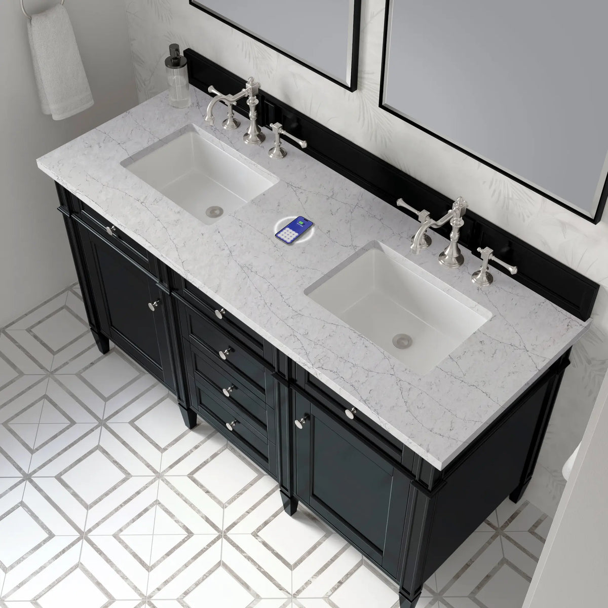 60 Brittany Double Vanity In Black Onyx Power Enabled Eternal Jasmine Pearl Silestone 8 Widespread 10