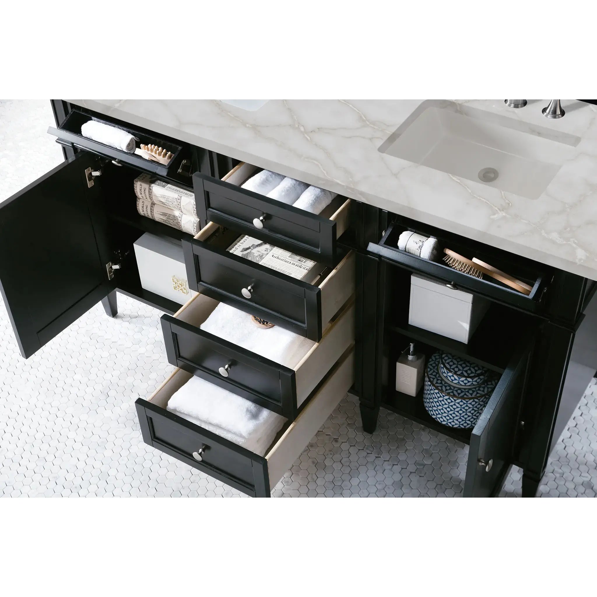60" Brittany Double Vanity in Black Onyx-Victorian Silver Silestone-8" Widespread image 3