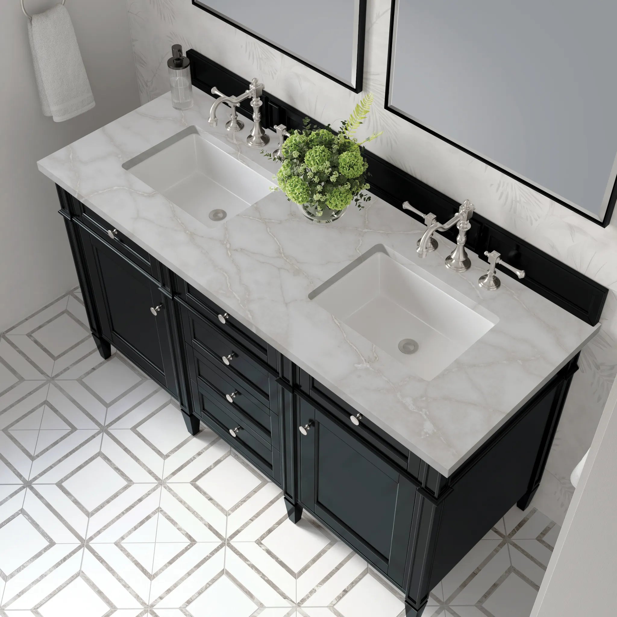 60" Brittany Double Vanity in Black Onyx-Victorian Silver Silestone-8" Widespread image 4
