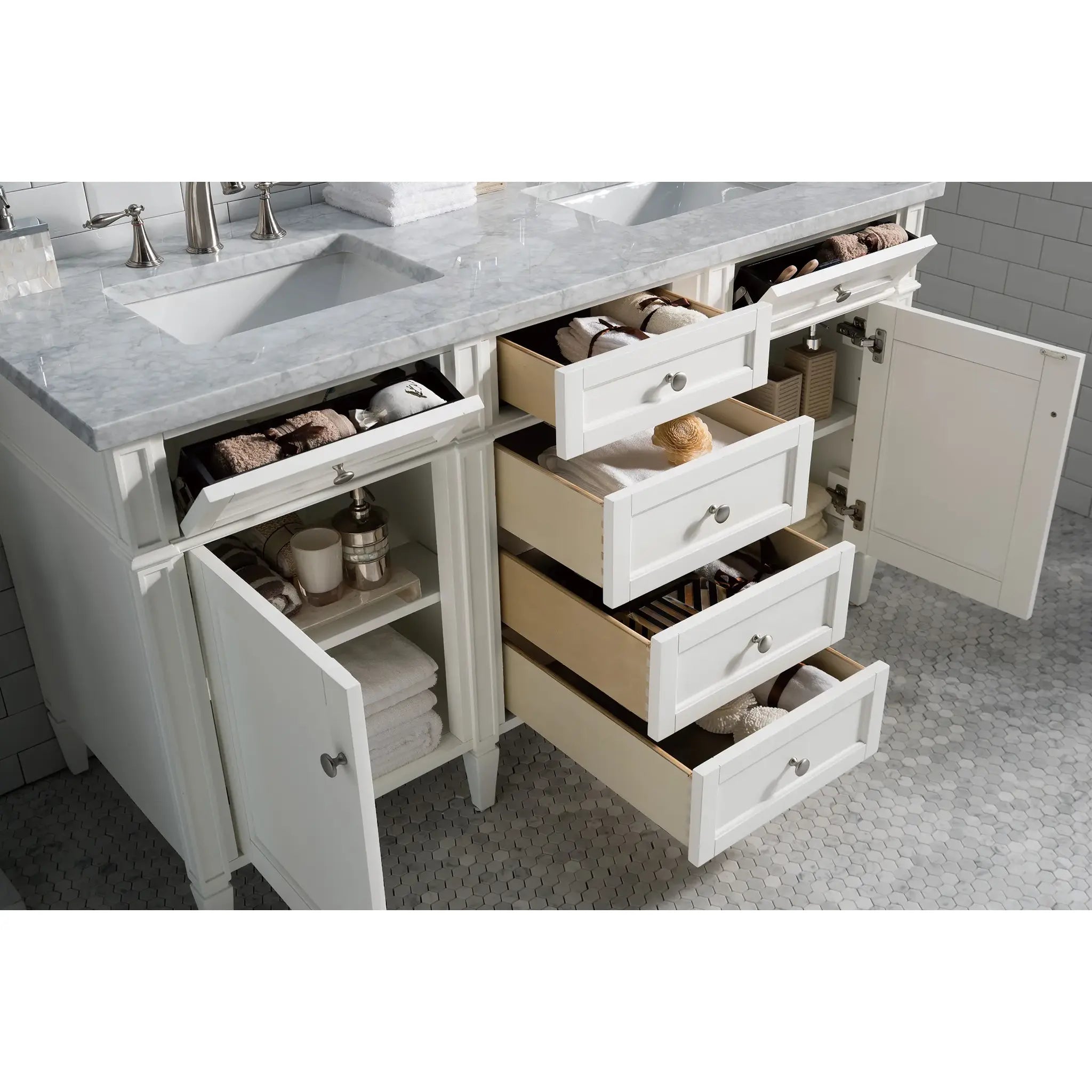 60" Brittany Double Vanity in Bright White Vanity-Carrara White Marble-8" Widespread image 3