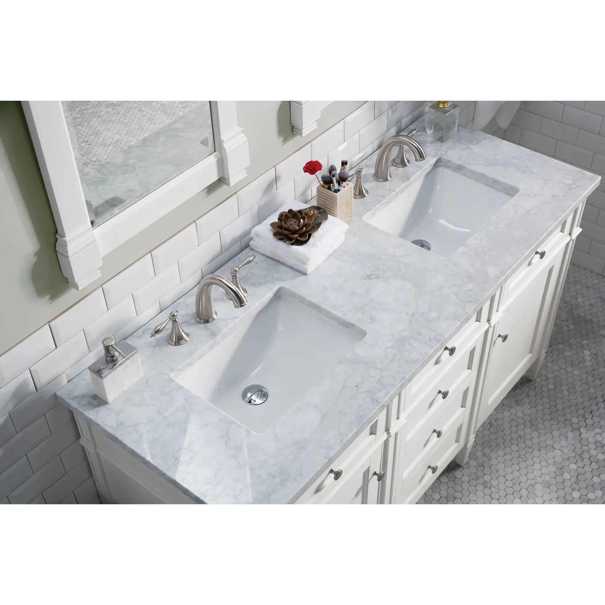 60" Brittany Double Vanity in Bright White Vanity-Carrara White Marble-8" Widespread image 4