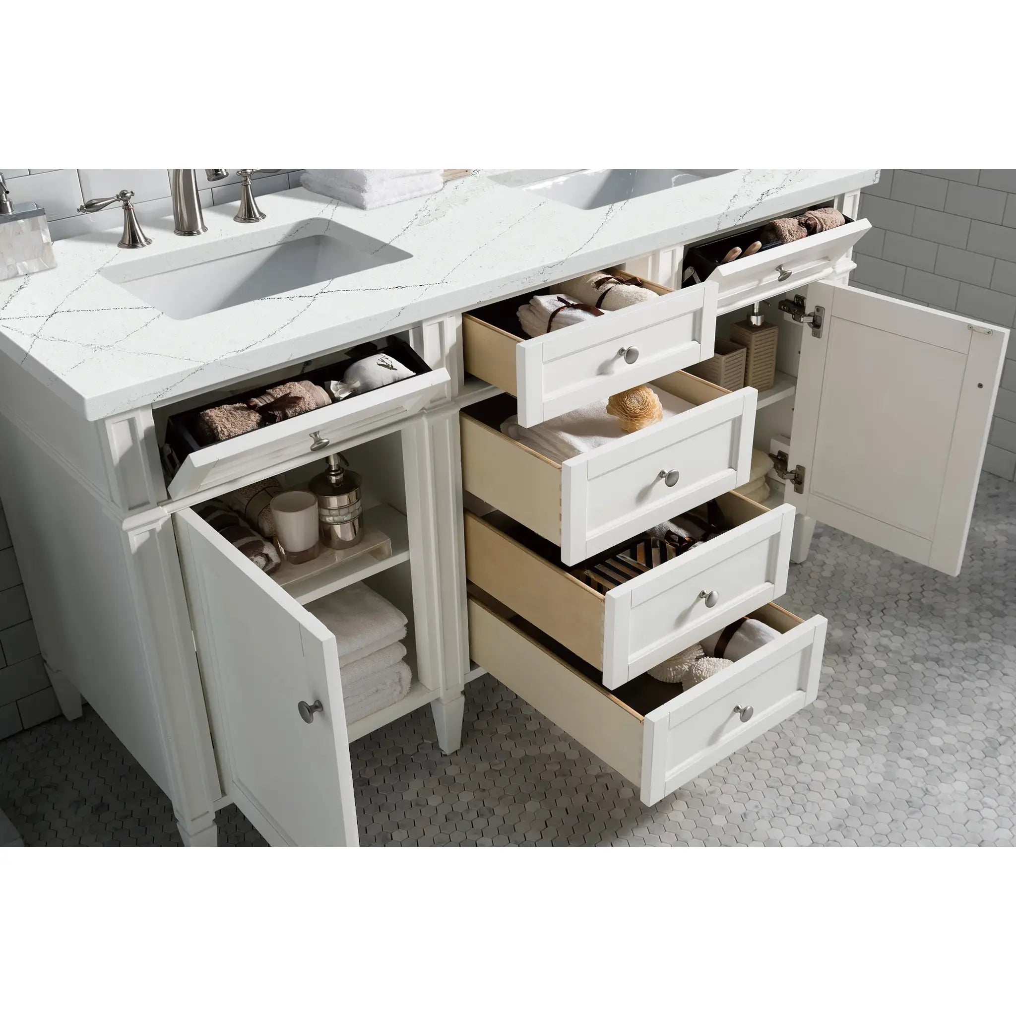 60" Brittany Double Vanity in Bright White Vanity-Ethereal Noctis Silestone-8" Widespread image 3
