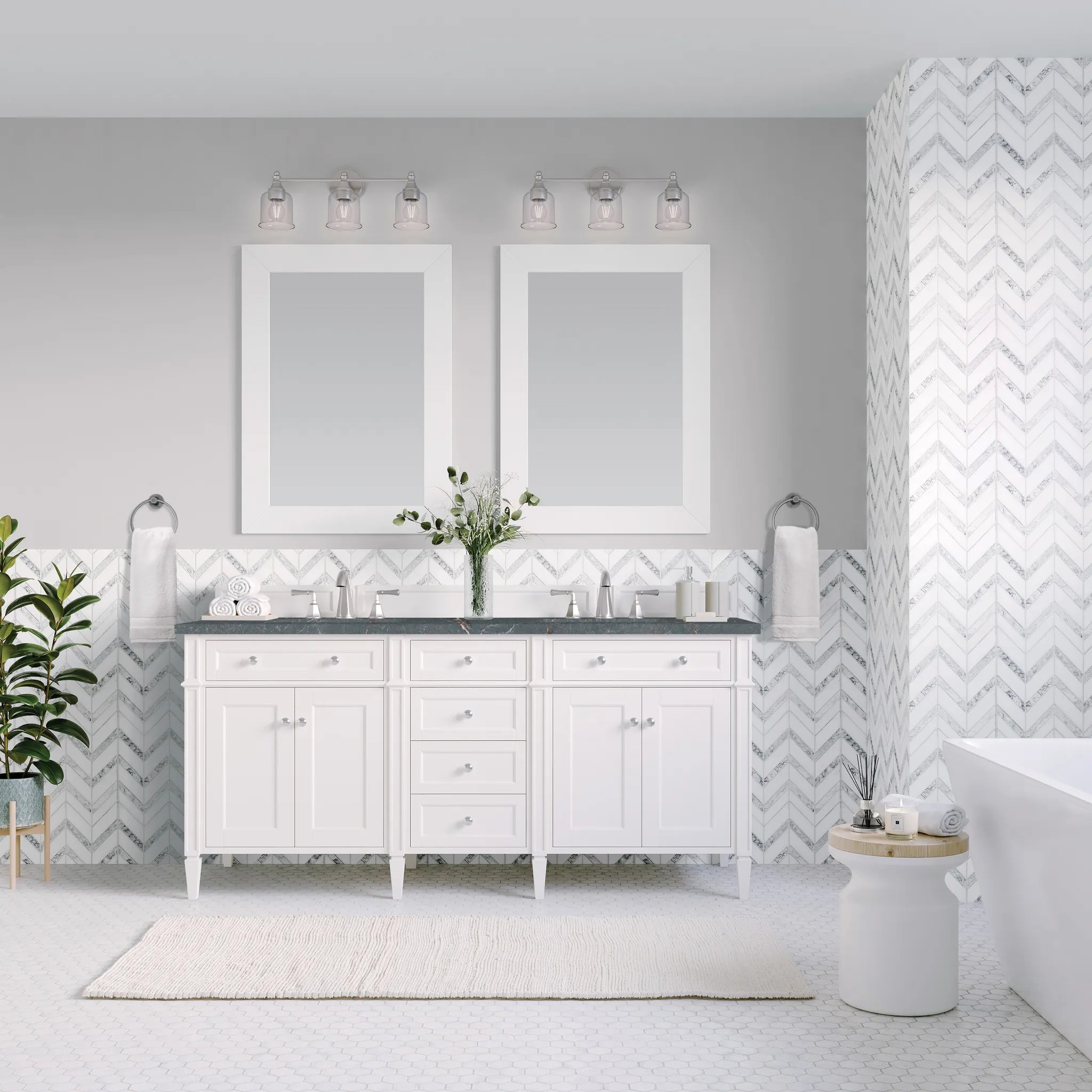 60" Brittany Double Vanity in Bright White Vanity-Parisien Bleu Silestone-8" Widespread image 1