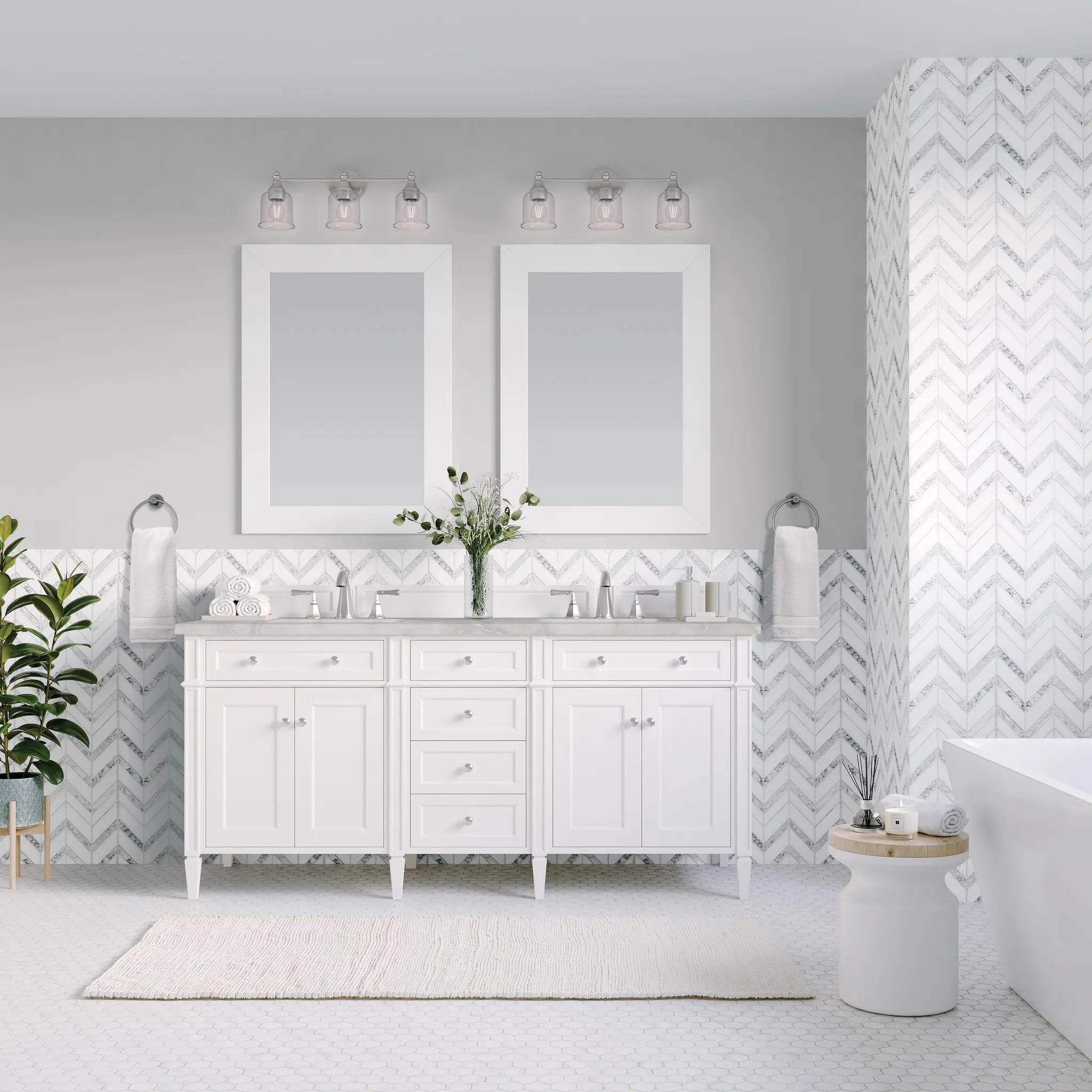 60" Brittany Double Vanity in Bright White Vanity-Victorian Silver Silestone-8" Widespread image 1