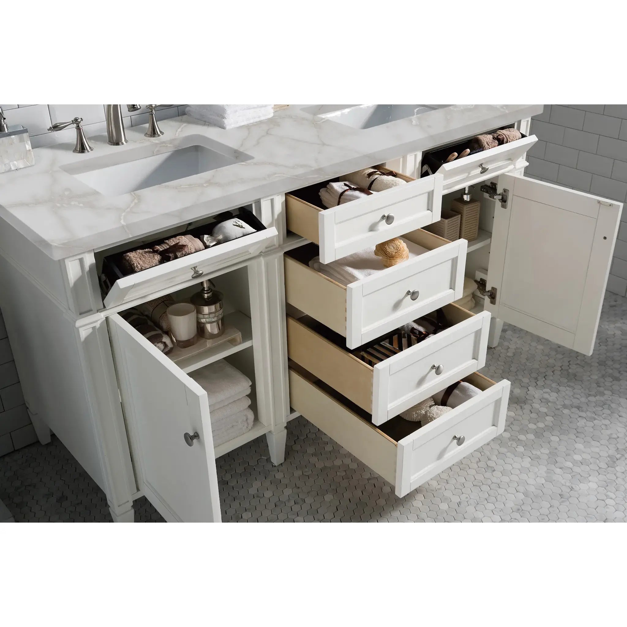 60" Brittany Double Vanity in Bright White Vanity-Victorian Silver Silestone-8" Widespread image 3